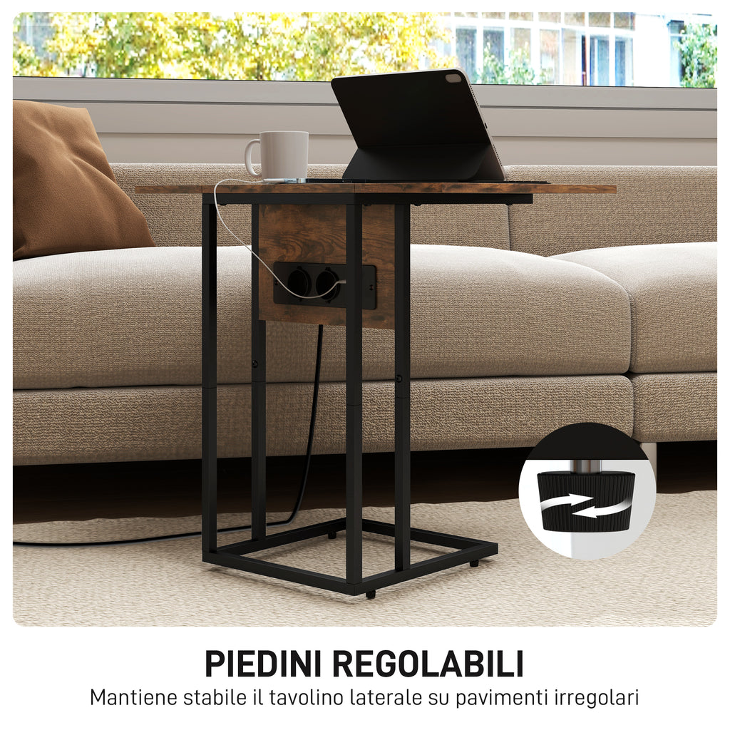 Expandable C-Shaped Coffee Table with 2 Charging Stations, Wood and Metal, 39x29x57 cm, Black and Brown