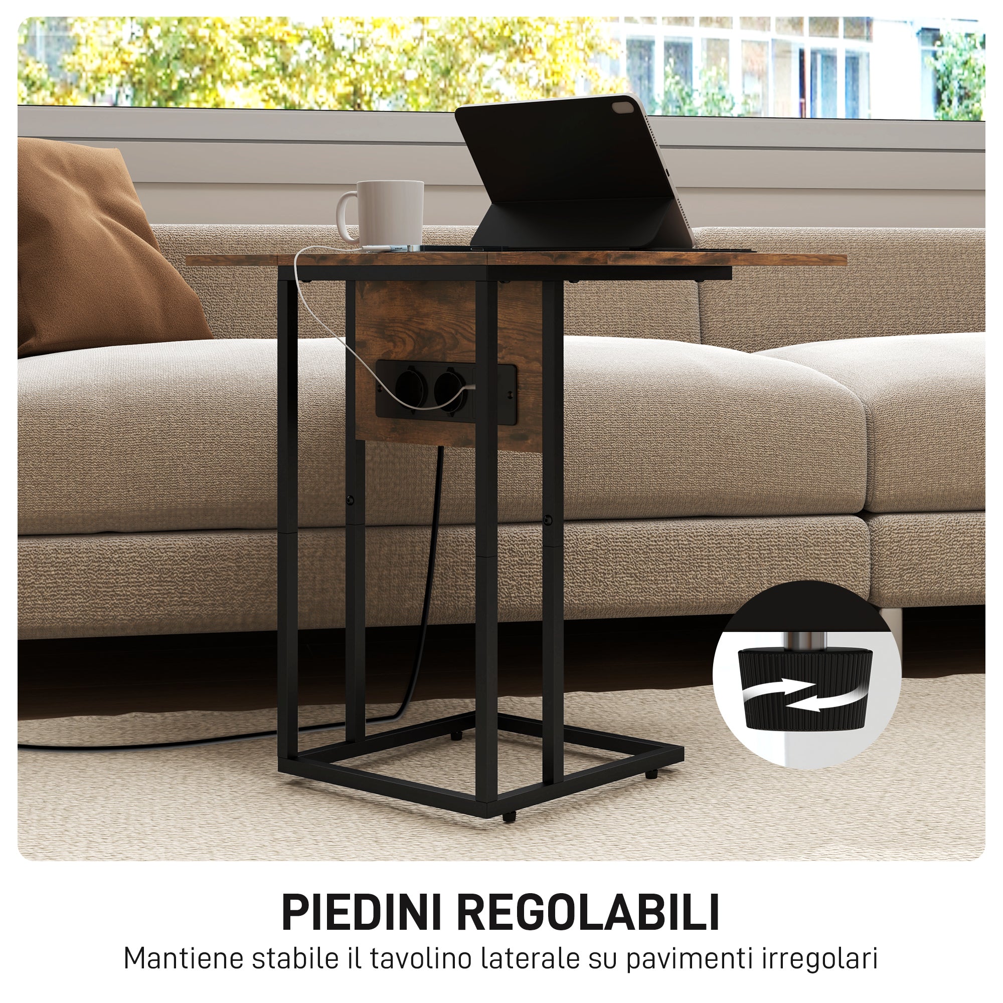 Expandable C-Shaped Coffee Table with 2 Charging Stations, Wood and Metal, 39x29x57 cm, Black and Brown