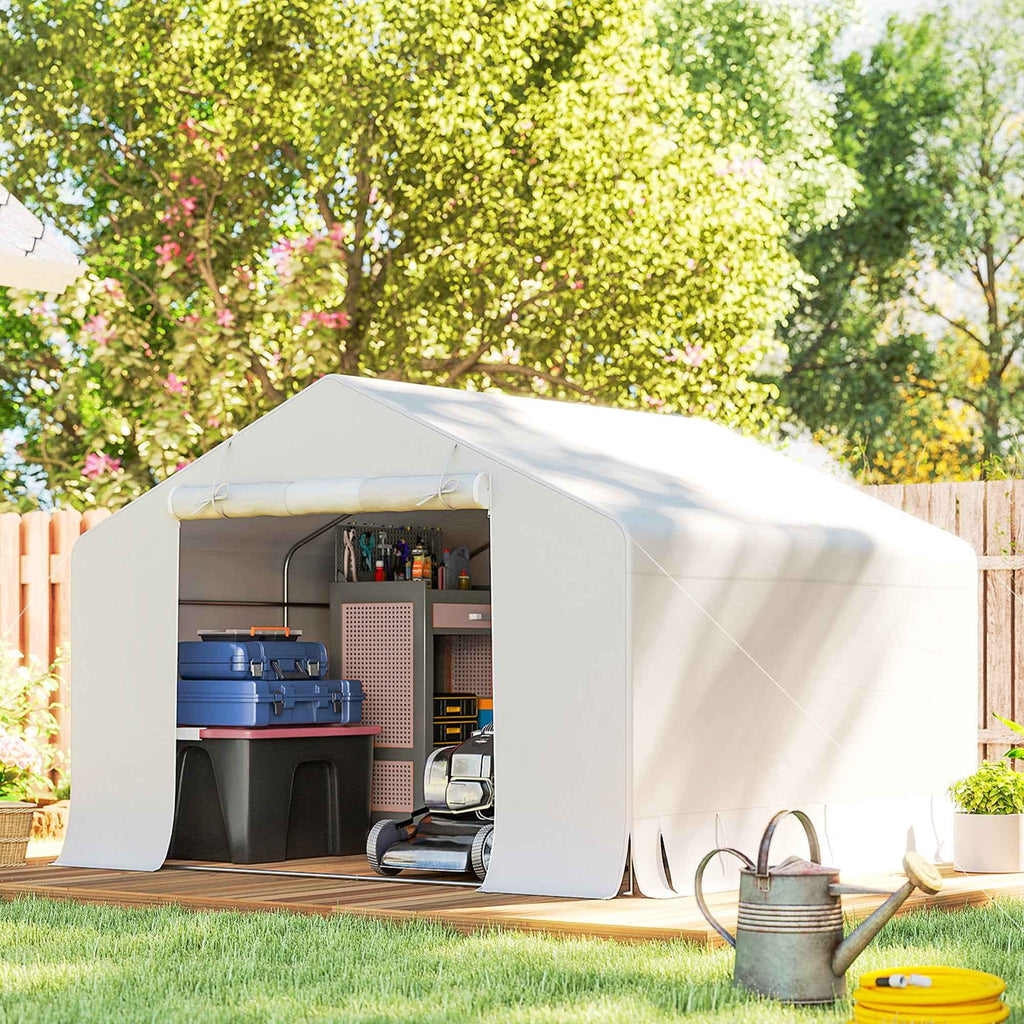 Outsunny 3x3m Waterproof Garden Shed and Garage Tent with Roll-Up Door, Metal and PE, White