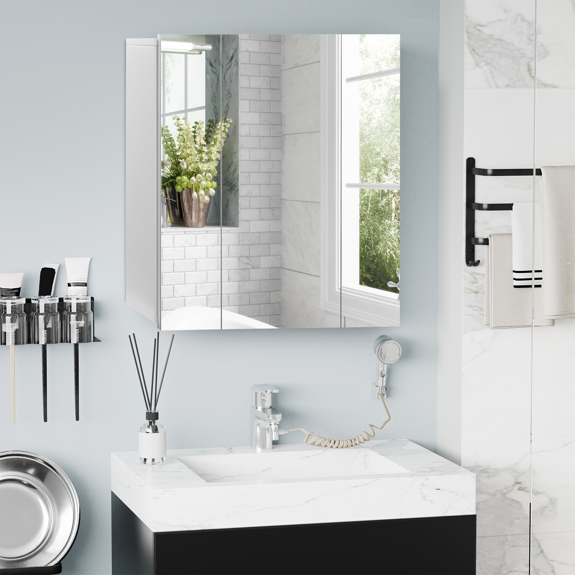 Bathroom Cabinet with 3 Mirrored Doors and Adjustable Shelves, 70x15x60cm, White - Borgè