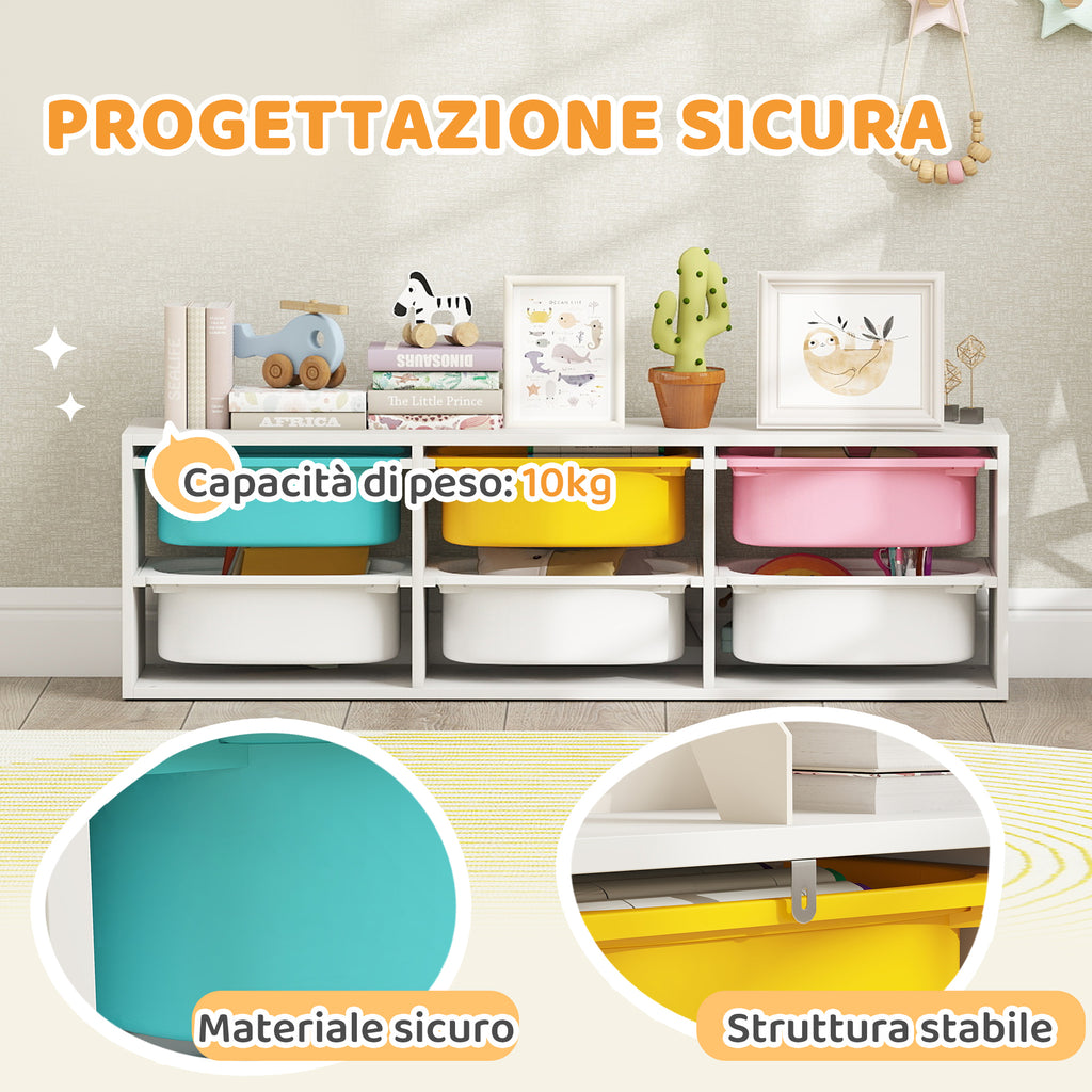 AIYAPLAY Children's Wooden Toy Storage Shelf with 6 Removable Plastic Bins, Multicolor
