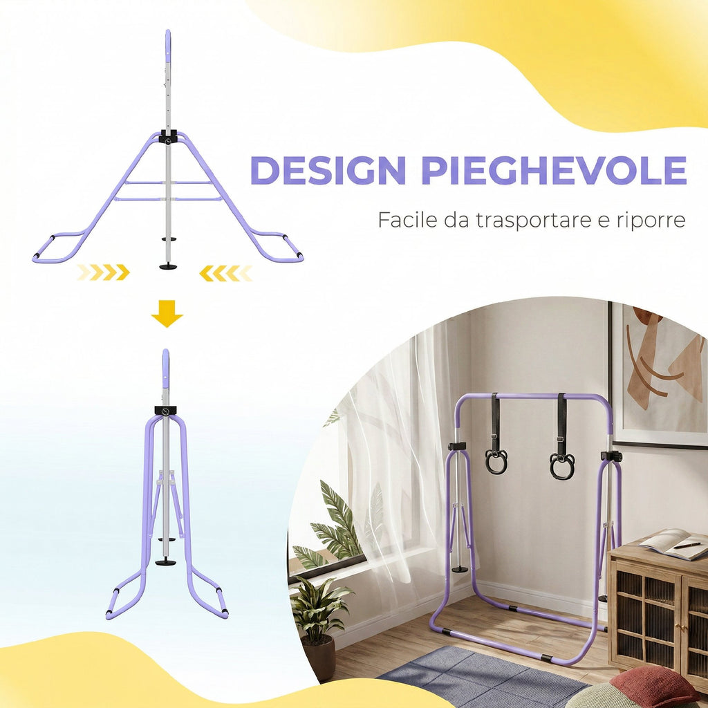 HOMCOM Height-Adjustable Gymnastics Bar for Children with 2 Rings, Steel, 148x105x88-128 cm, Purple