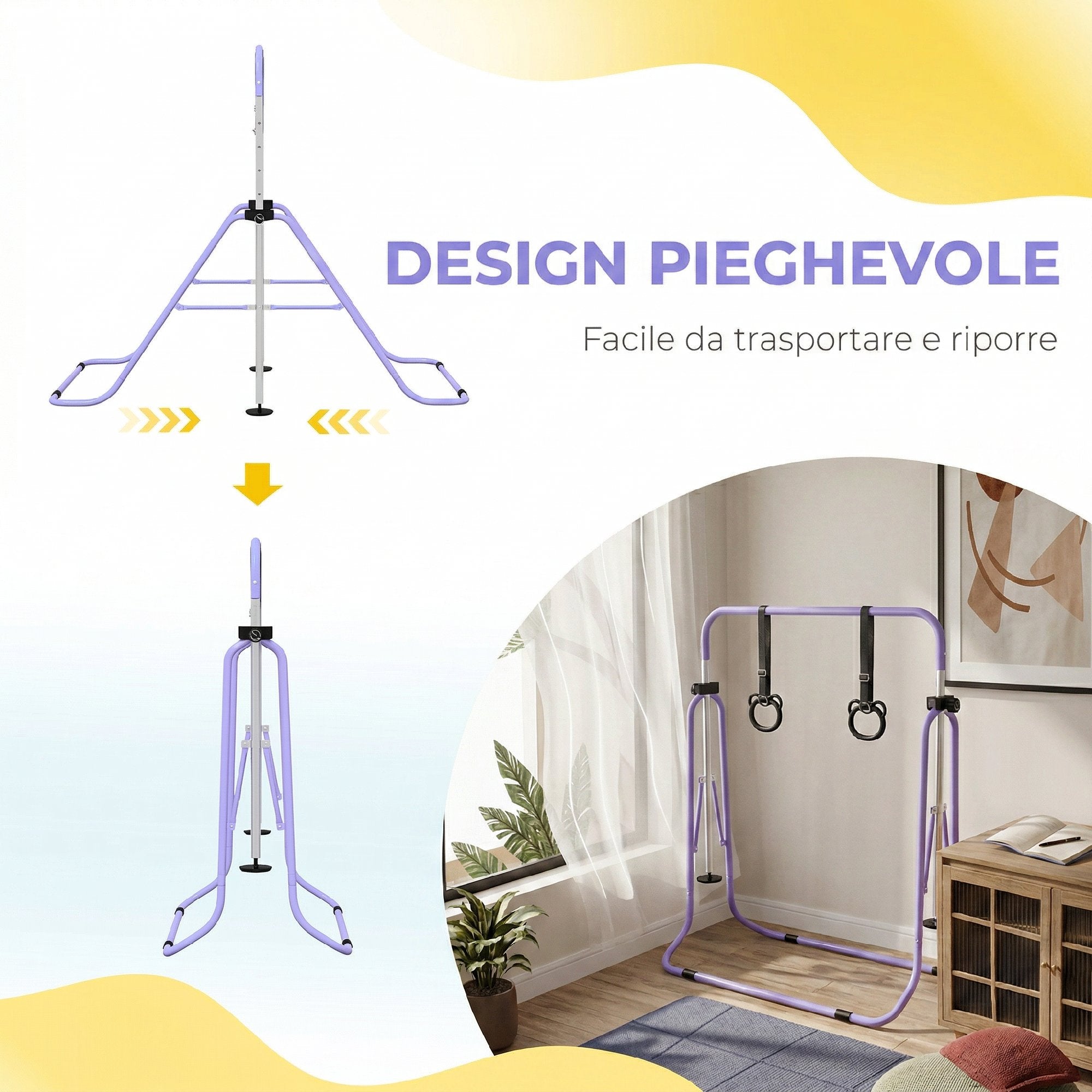 HOMCOM Height-Adjustable Gymnastics Bar for Children with 2 Rings, Steel, 148x105x88-128 cm, Purple