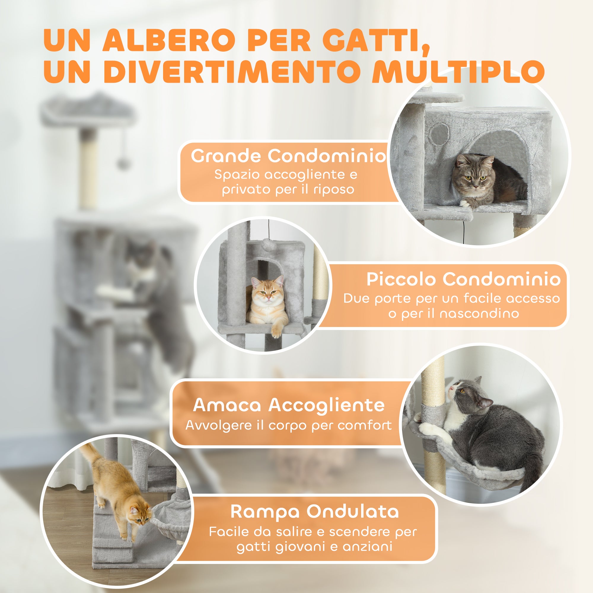 Cat Tree, 140 cm Tall, with 2 Cat Houses, Hammock, Bed and Sisal Posts, Grey