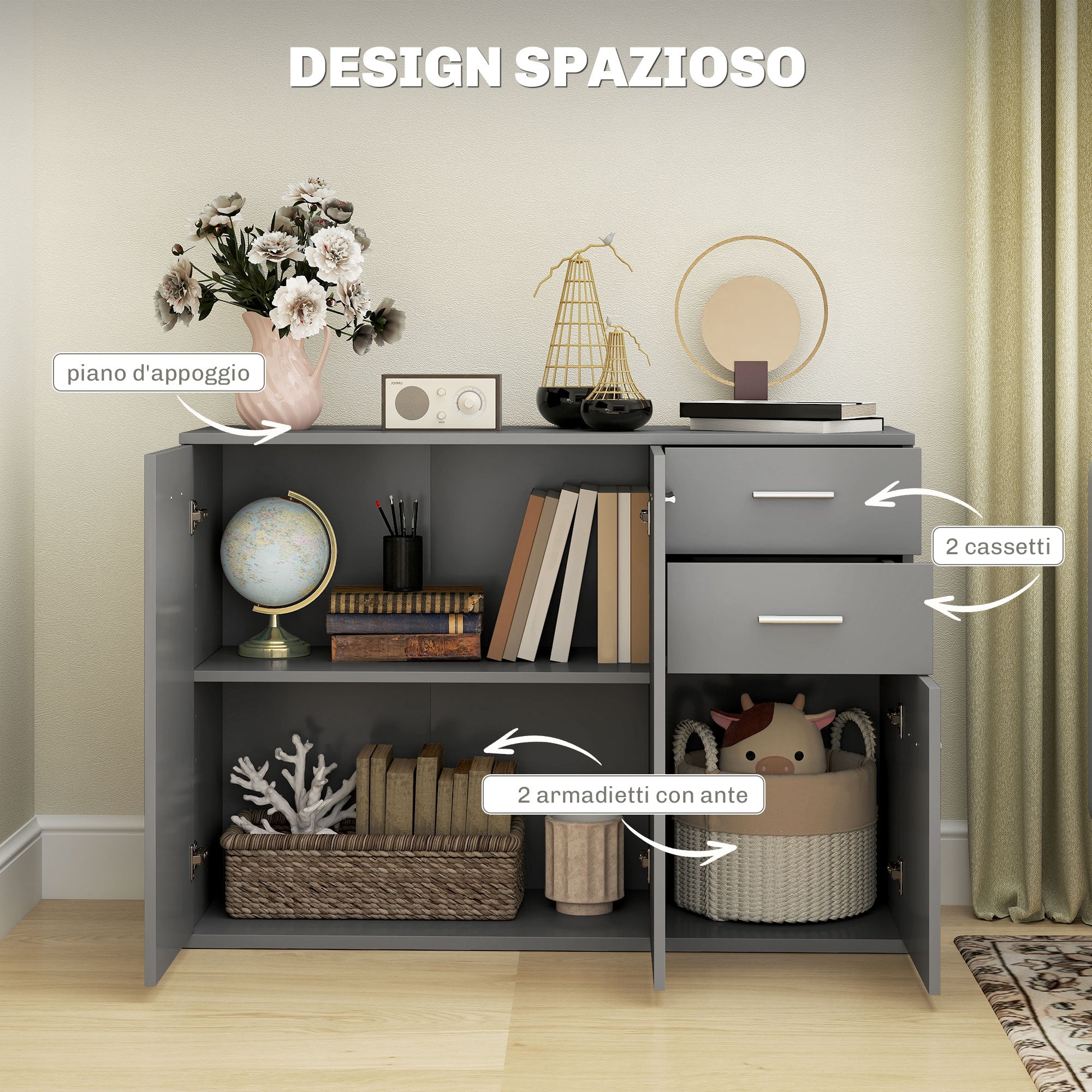 Modern Sideboard with 3 Cabinets and 2 Drawers, Wooden, 106x35x76 cm, Light Grey
