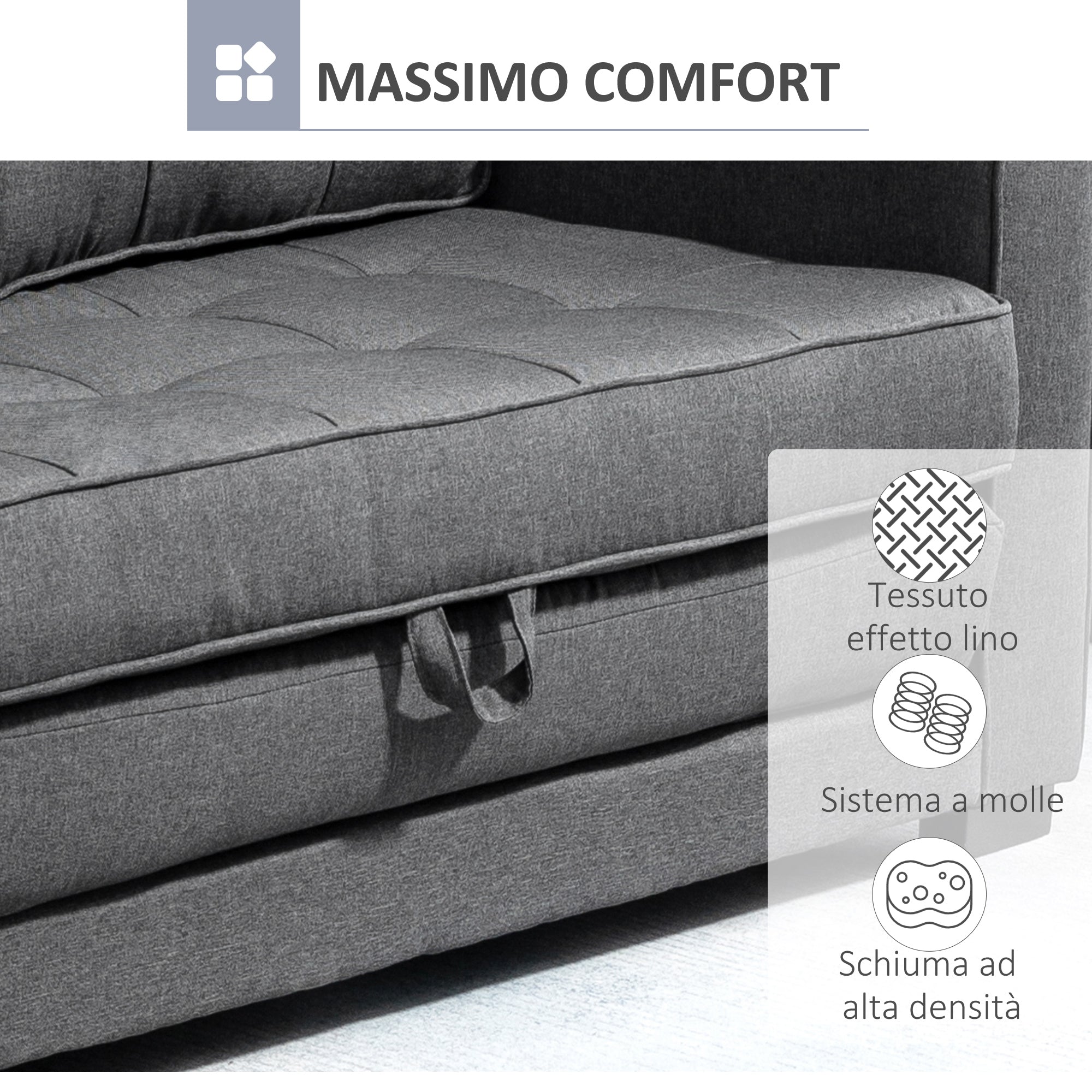 2-Seater Fabric Sofa Bed with Padding and Springs, 151x75x85 cm, Grey
