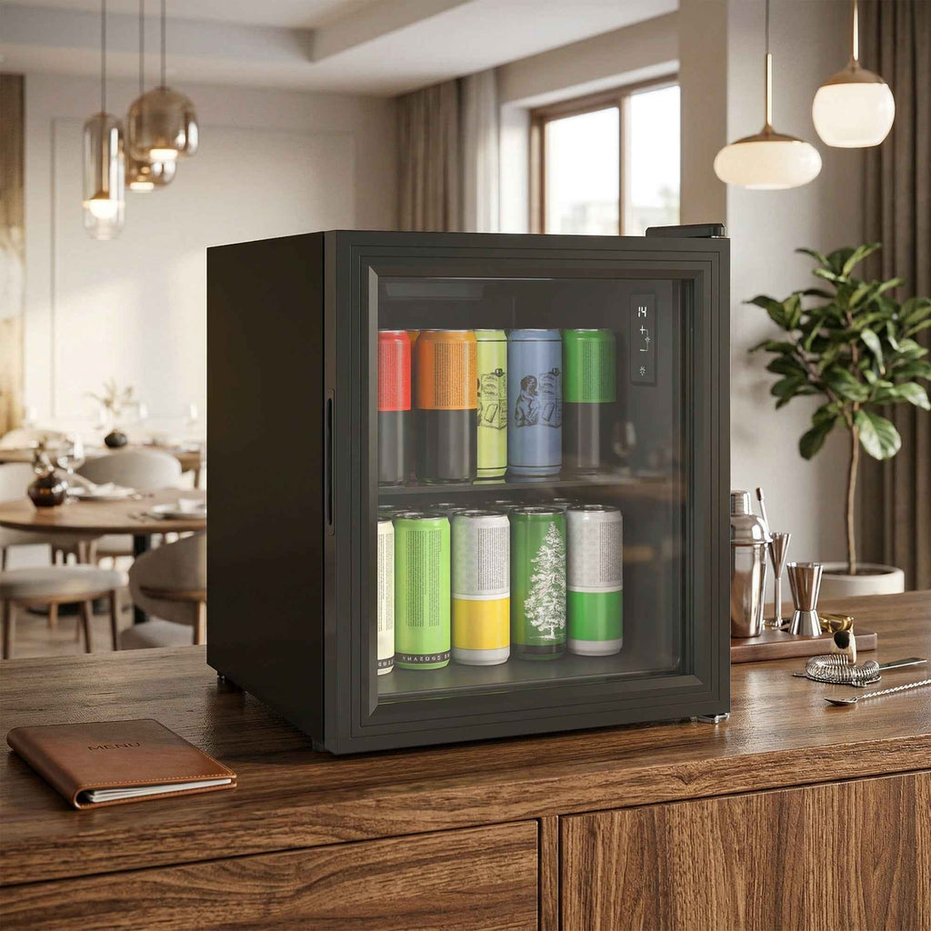 HOMCOM 46L Mini Office Fridge, 59 Cans, Adjustable Temperature 0-20℃ with Double Tempered Glass Door, Black