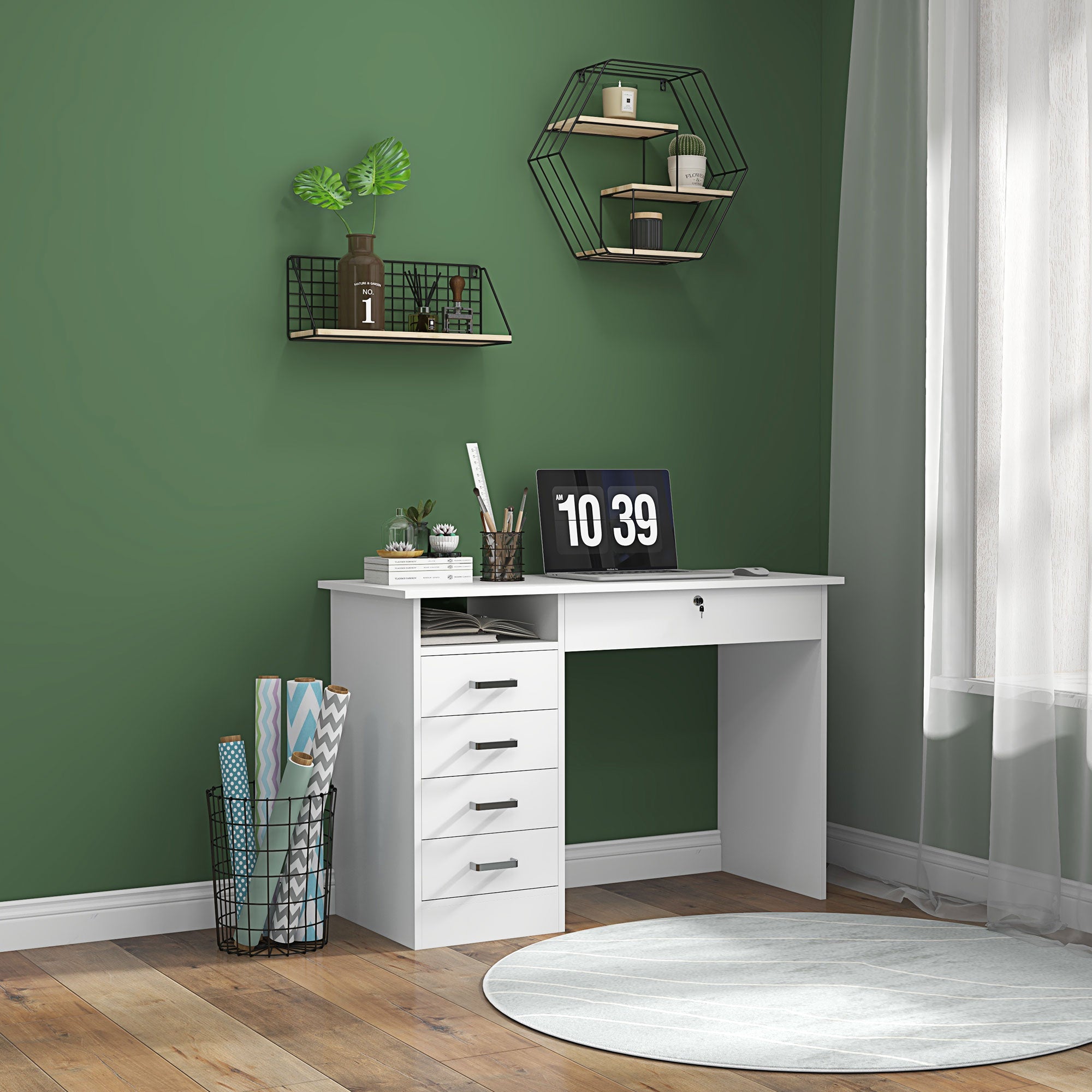 HOMCOM Modern Desk with 5 Drawers and Open Compartment with Lock and 2 Keys, 110x50x76cm, White - Borgè