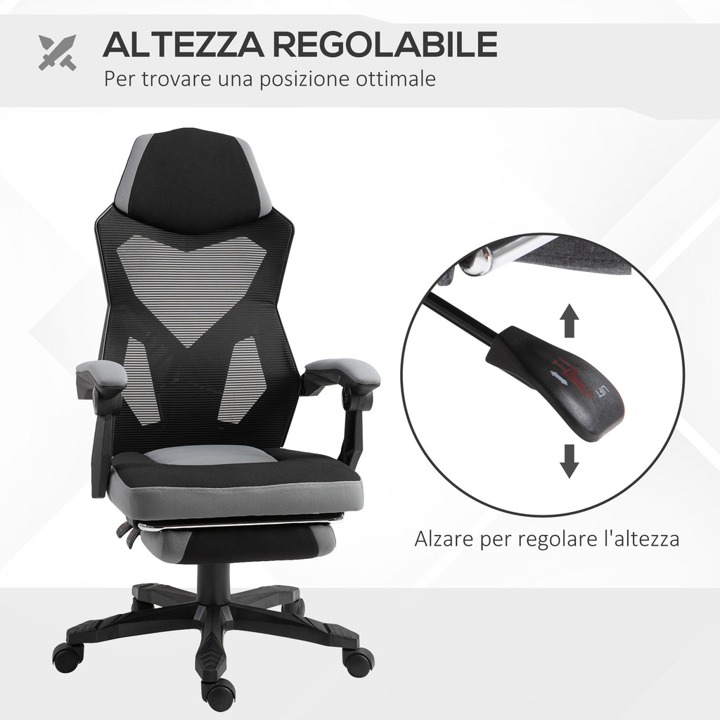 Ergonomic Office Chair with Reclining Backrest, Retractable Footrest, Adjustable Height, Grey