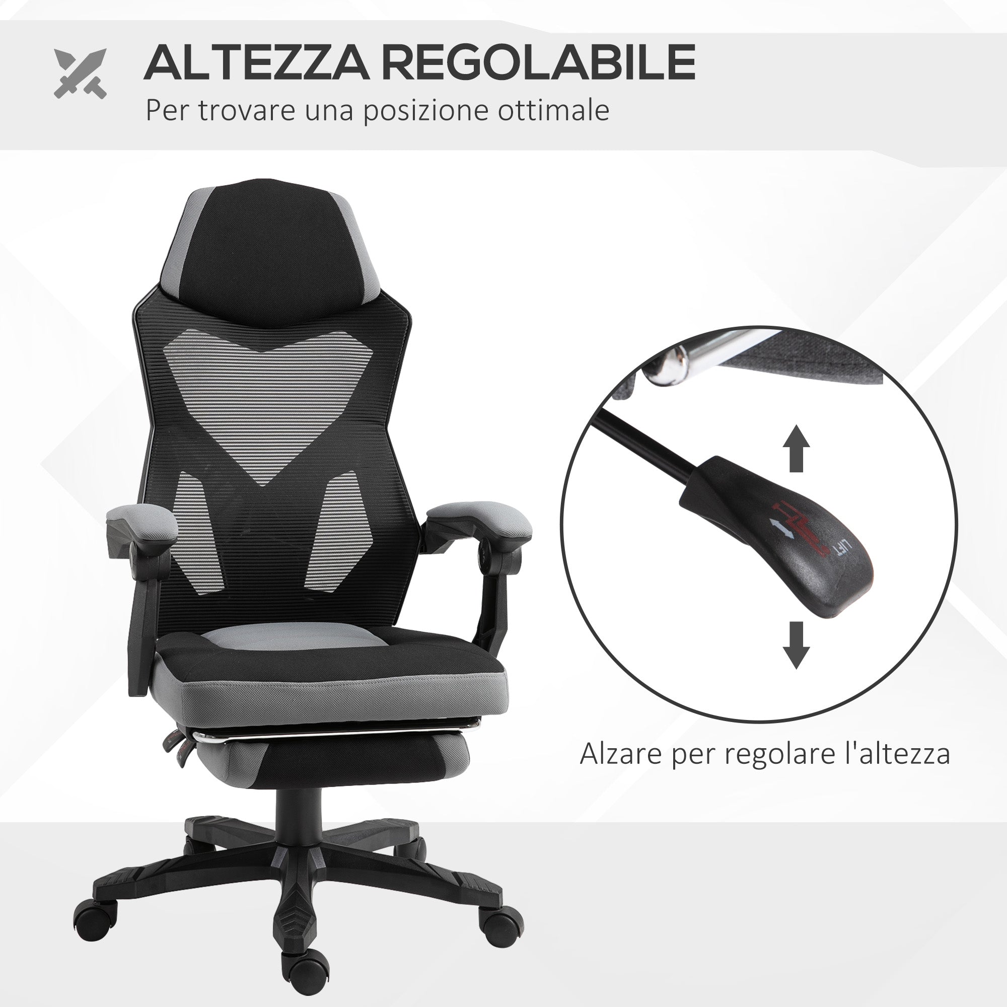 Ergonomic Office Chair with Reclining Backrest, Retractable Footrest, Adjustable Height, Grey