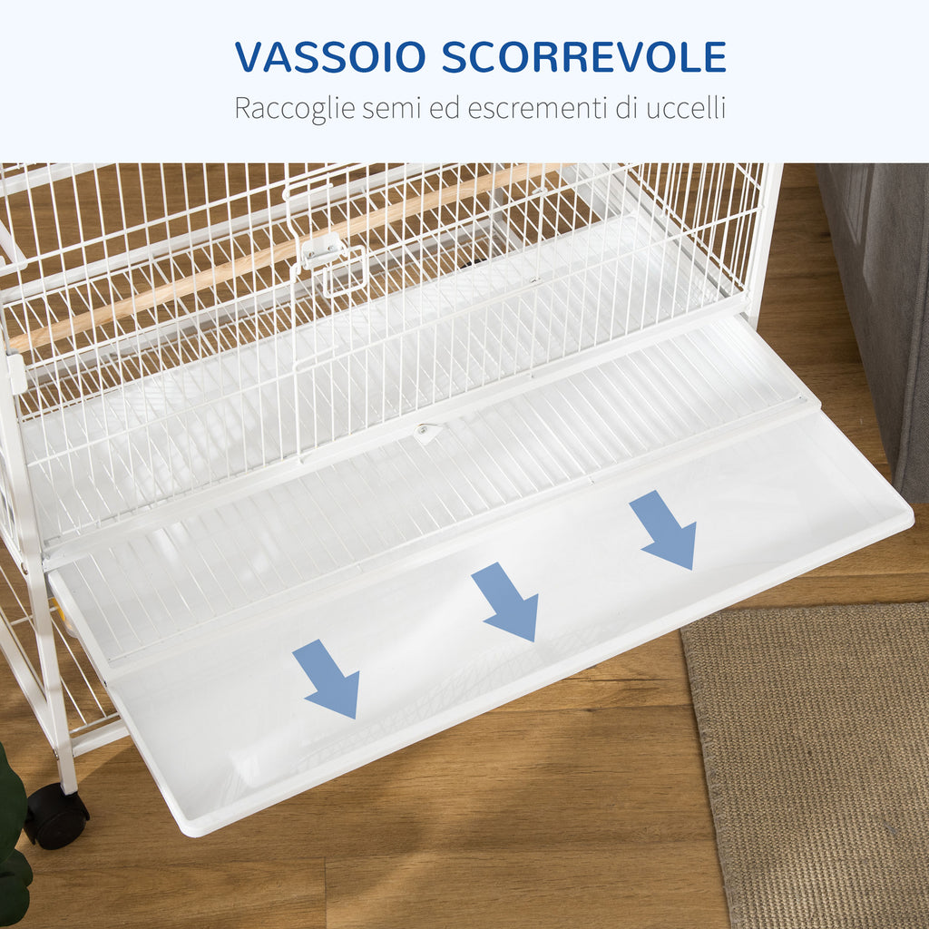 PawHut Indoor Bird Cage with Removable Tray, 4 Wheels and Perch, 78x52x132 cm, White