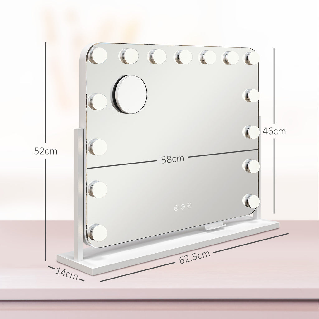 Makeup Mirror with 14 Adjustable LED Lights and USB Charging, Glass and Metal, 62.5x14x49.5 cm, White