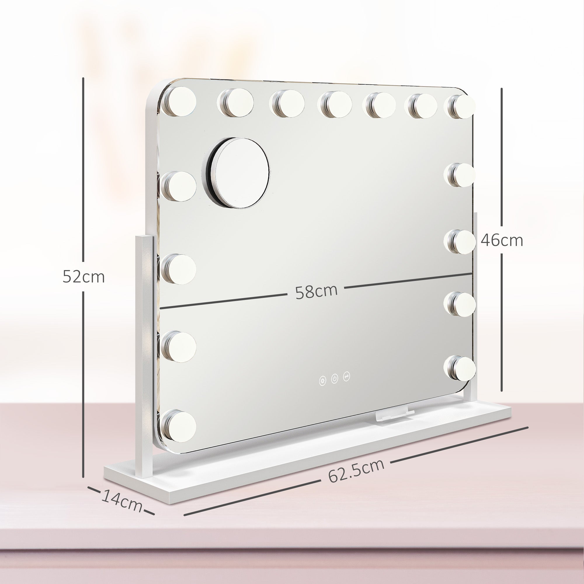 Makeup Mirror with 14 Adjustable LED Lights and USB Charging, Glass and Metal, 62.5x14x49.5 cm, White