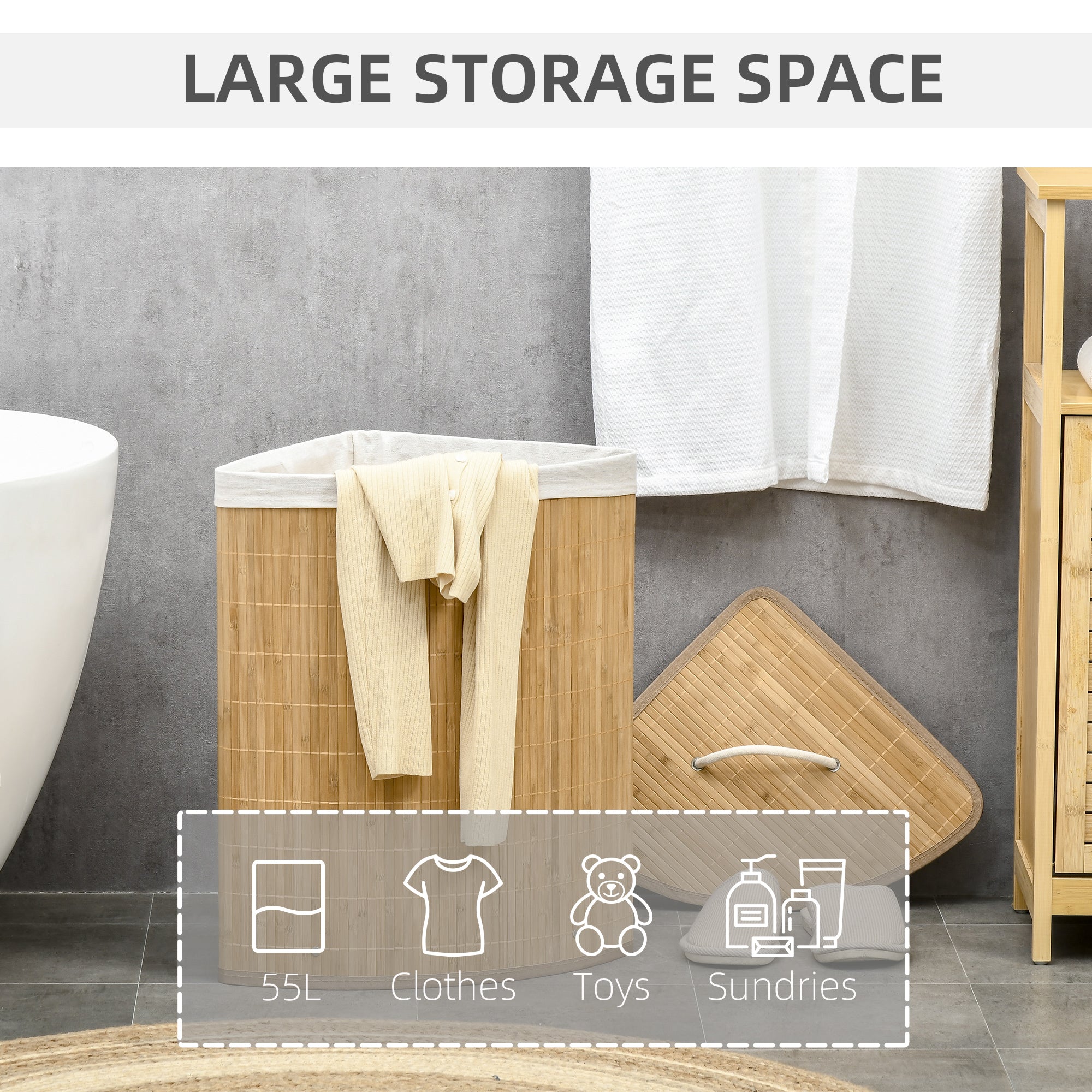 Laundry Basket with Triangular Lid in Bamboo and Fabric, 38x38x57cm, Wood Color - Borgè