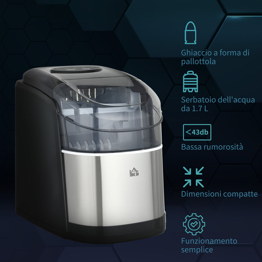 Self-Cleaning Ice Maker with 9 Cubes in 6-12 Minutes, in PP and Stainless Steel, 24.2x35.3x33 cm, Black - Borgè
