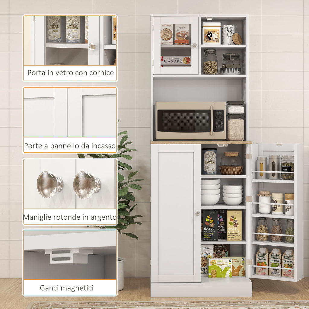Kitchen Pantry Microwave Stand with Open Shelves and Cabinet with Spice Rack, 60x35x169 cm, White