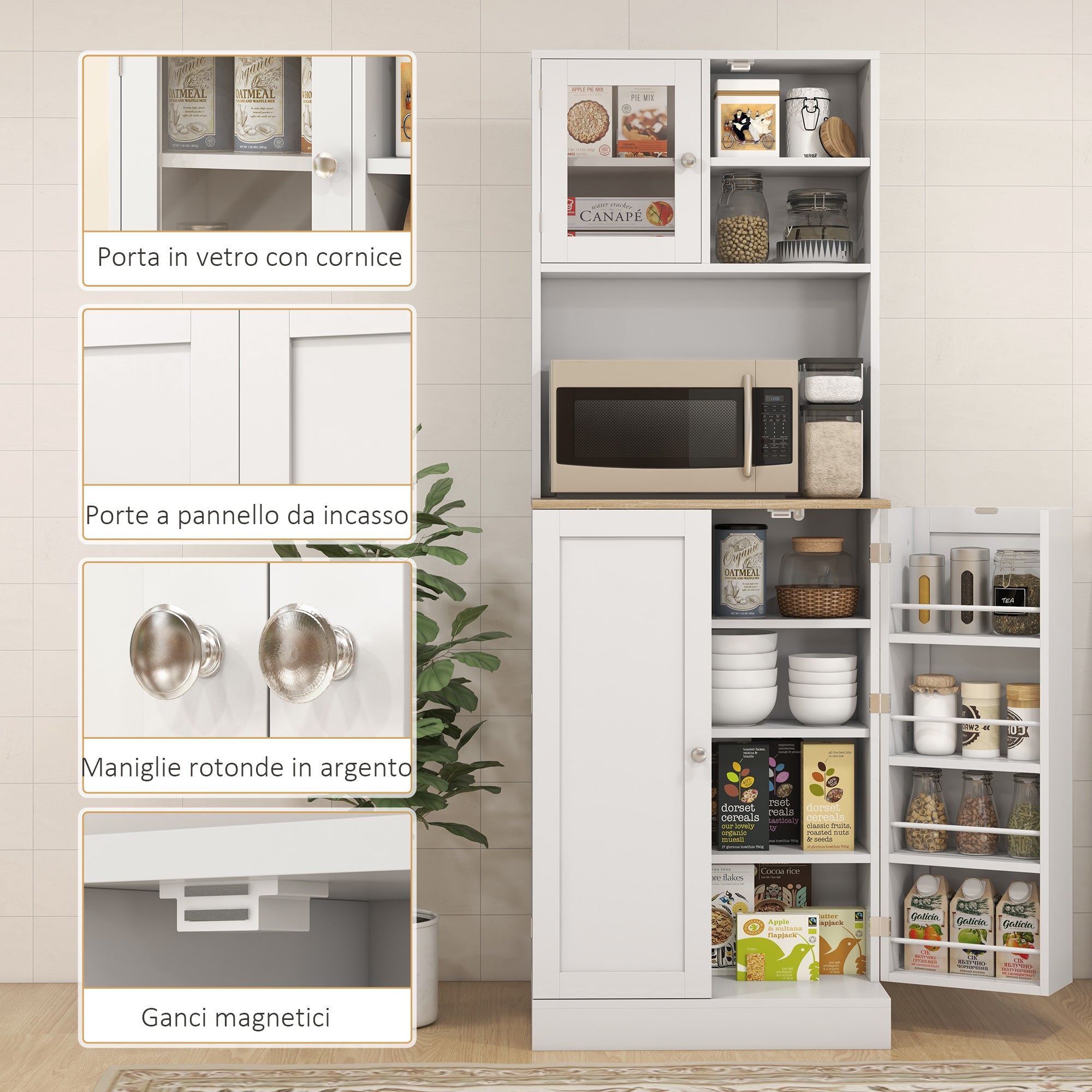 Kitchen Pantry Microwave Stand with Open Shelves and Cabinet with Spice Rack, 60x35x169 cm, White