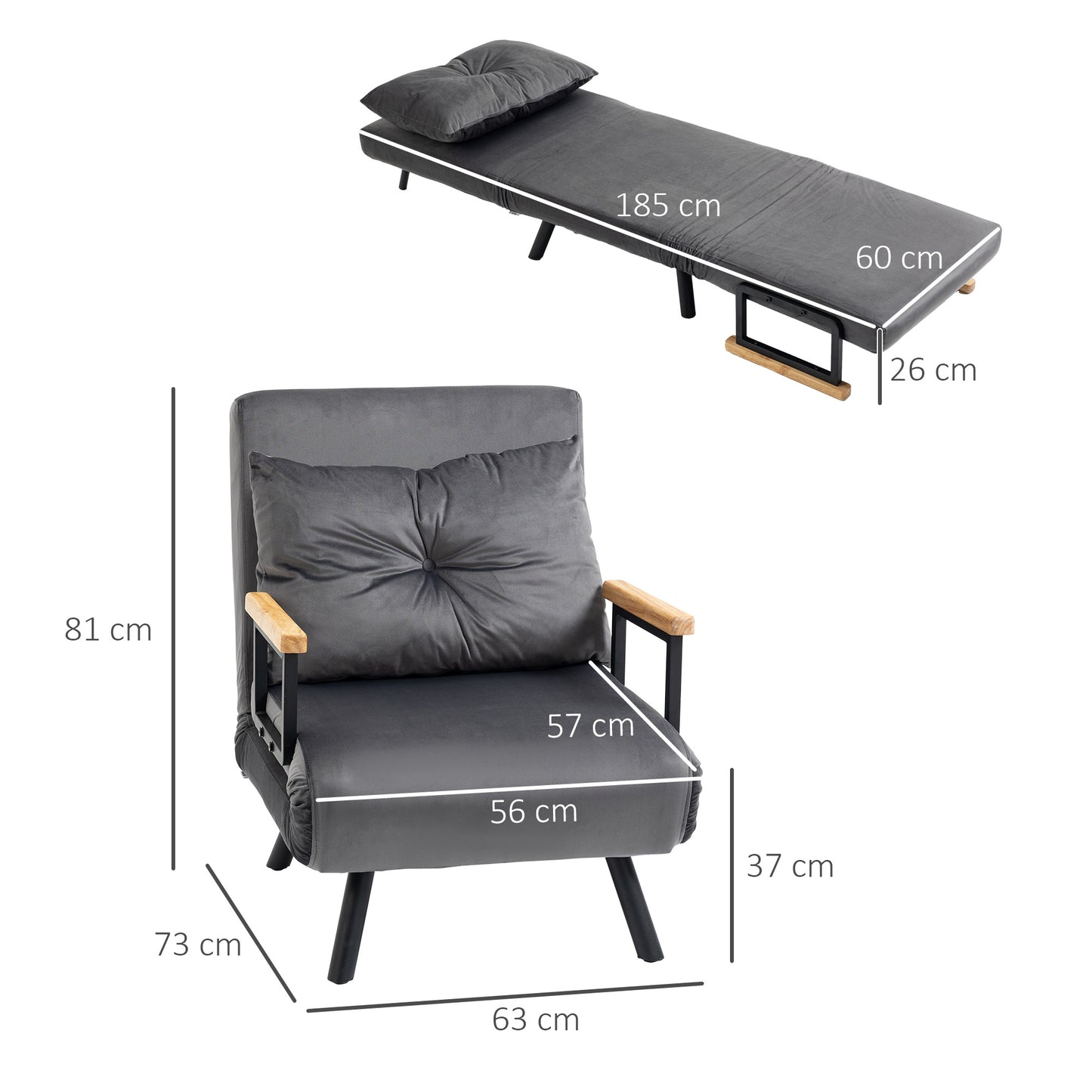 Velvet Dark Grey, 3 in 1 Sofa Bed with 5-Position Reclining Backrest and Cushion, 63x73x81 cm, Dark Grey