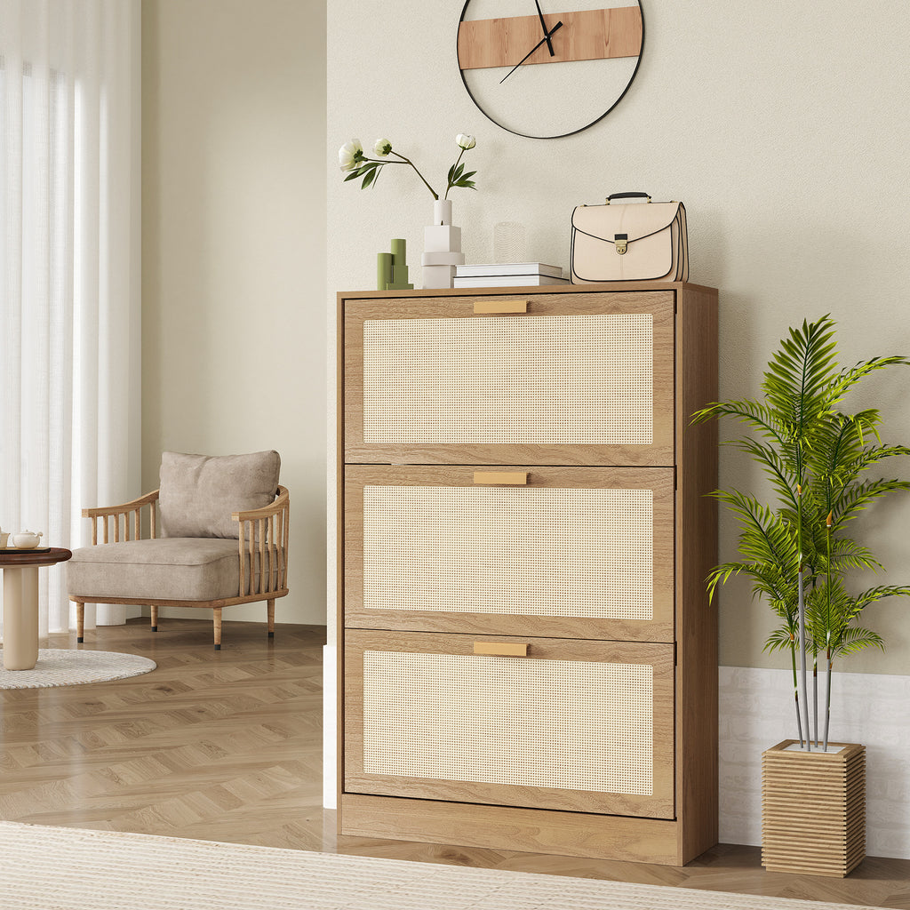 Shoe Rack for 18 Pairs of Shoes with 3 Folding Drawers in Wood and Rattan, 80x25x120 cm, Brown