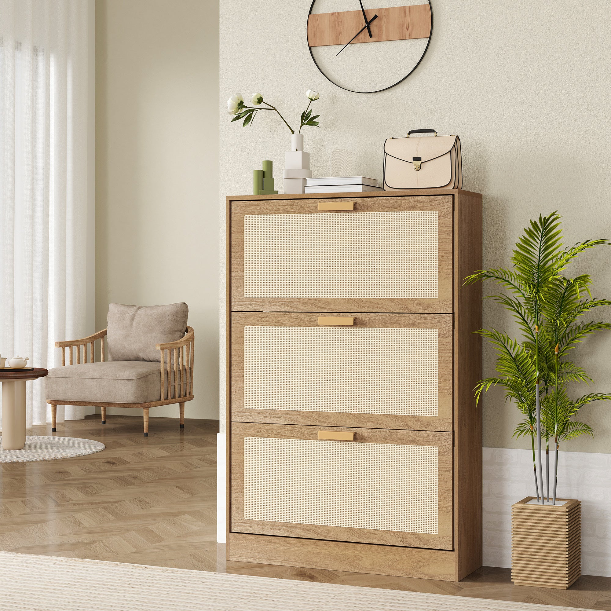 Shoe Rack for 18 Pairs of Shoes with 3 Folding Drawers in Wood and Rattan, 80x25x120 cm, Brown