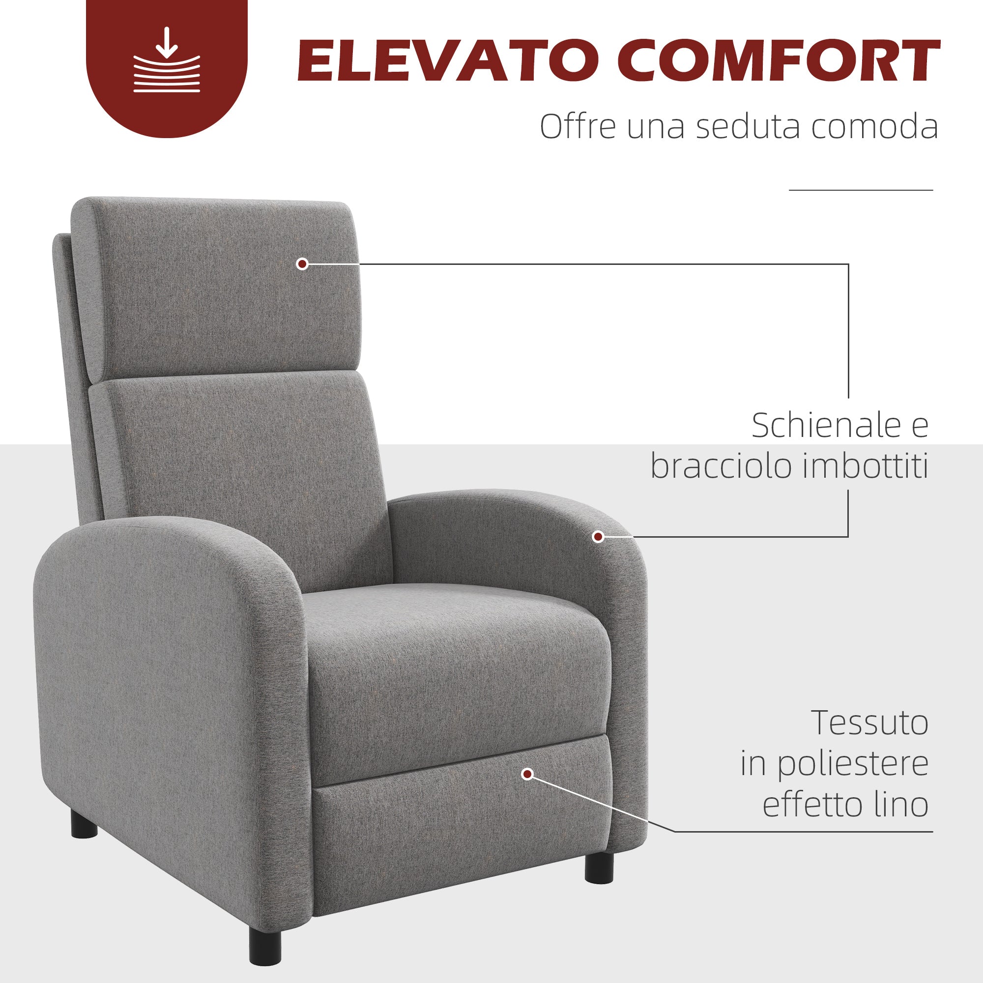 160° Reclining Armchair in Linen Effect Fabric with Square Armrests, 64x86x102 cm, Grey - Borgè