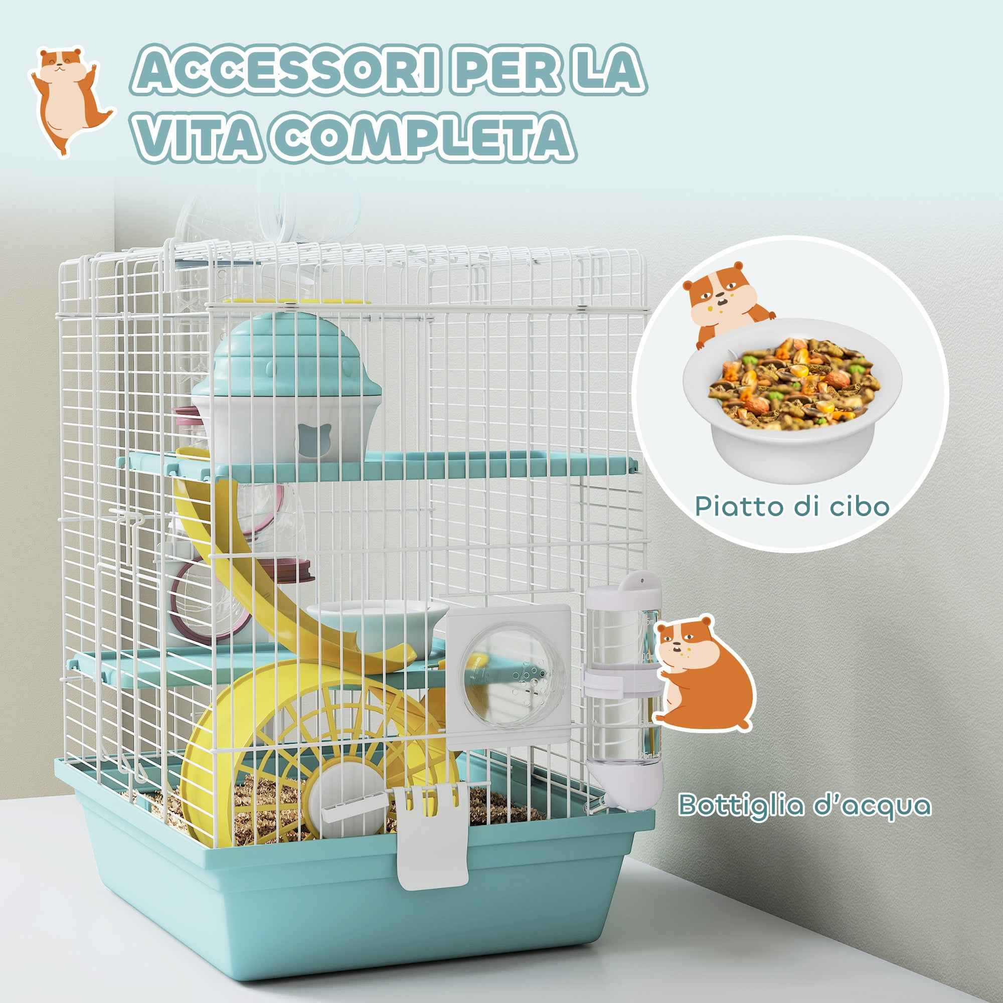 PawHut 3-Tier 12-Tube Hamster Cage with House, Ramp, and Accessories, Metal and Plastic, 34.5x27.5x41 cm, Grey