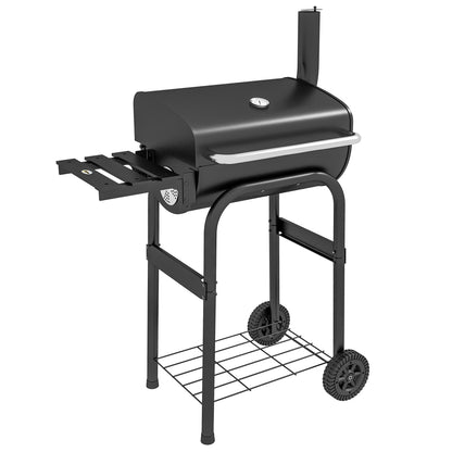 Charcoal Barbecue with Lid, Thermometer and Chimney, Shelves and Wheels, Black