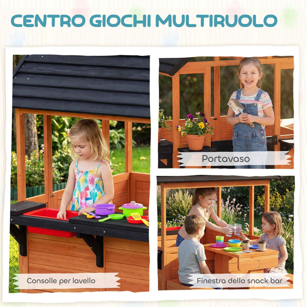 Wooden Playhouse, Indoor/Outdoor Playhouse for Children Ages 3-8 with Table and Benches, Brown