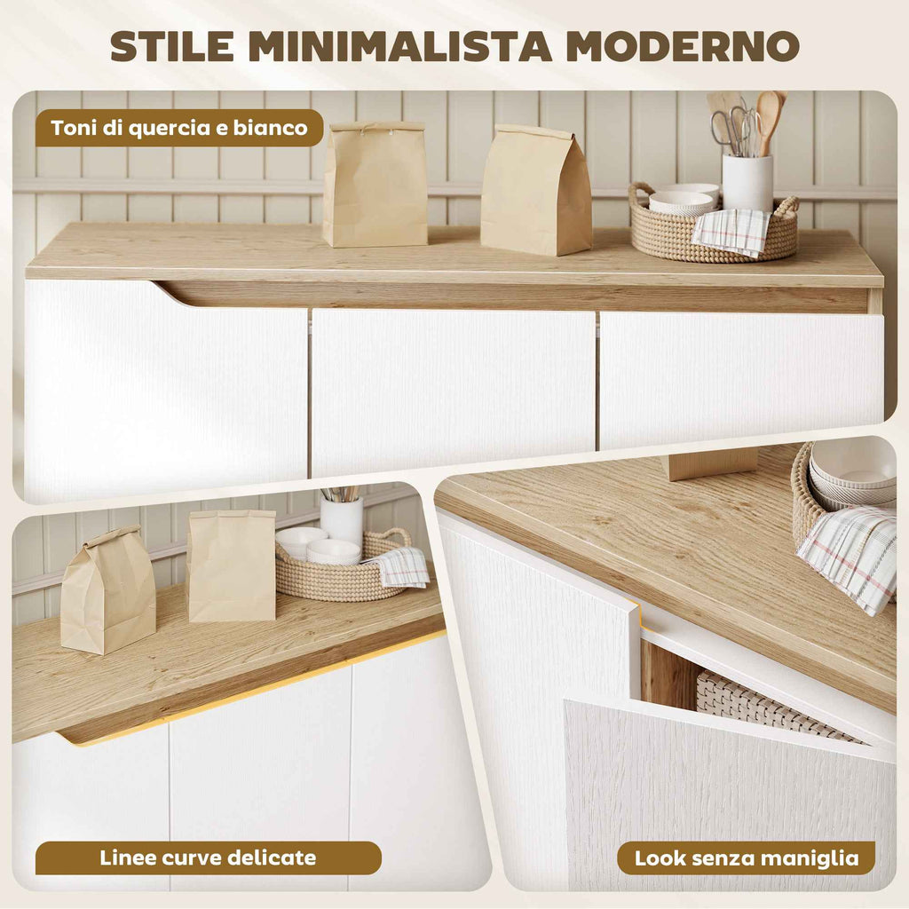 HOMCOM Modern 3-Door Sideboard with 3 Adjustable Shelves and 5 Wooden Legs, 107x35x76.5 cm, White and Oak