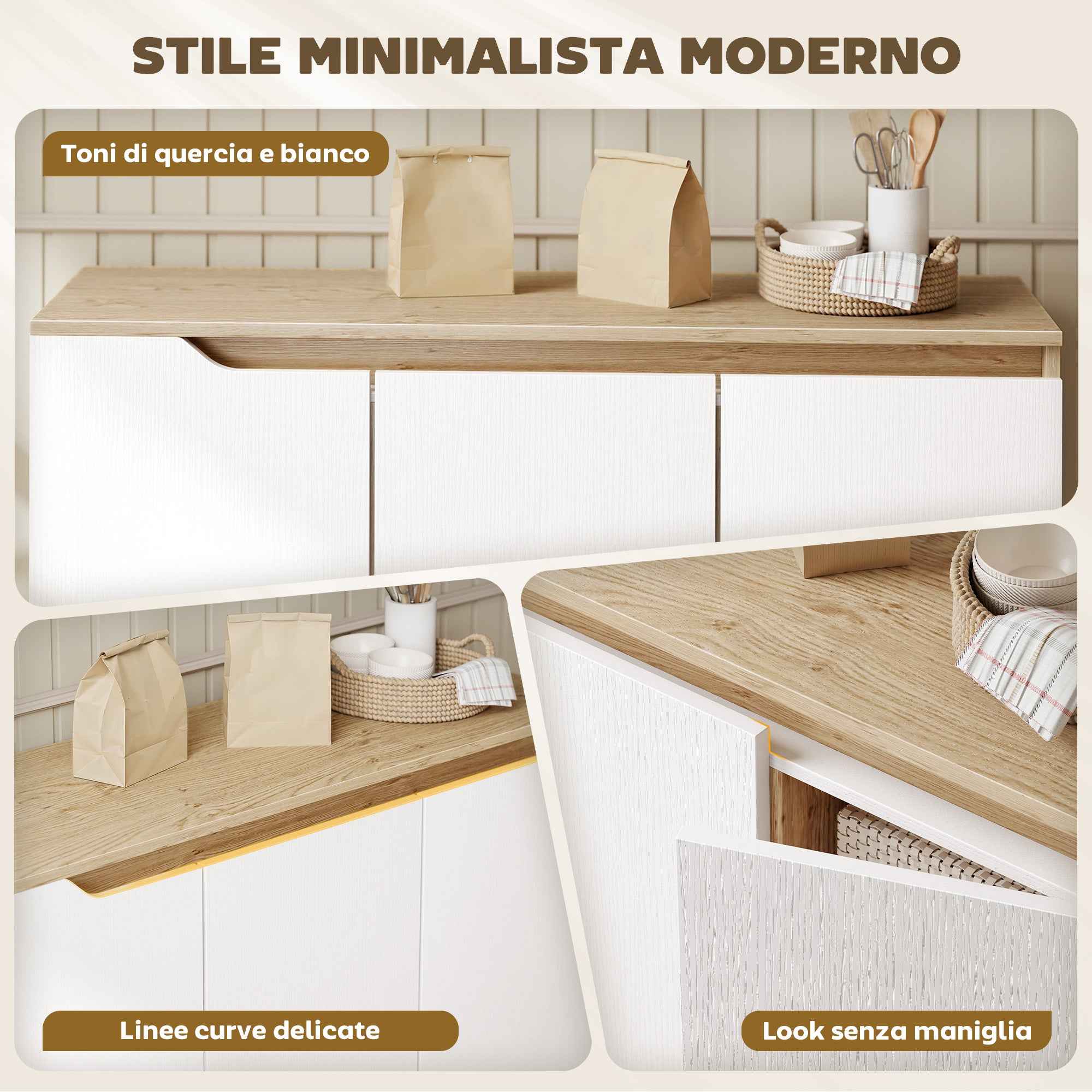 HOMCOM Modern 3-Door Sideboard with 3 Adjustable Shelves and 5 Wooden Legs, 107x35x76.5 cm, White and Oak