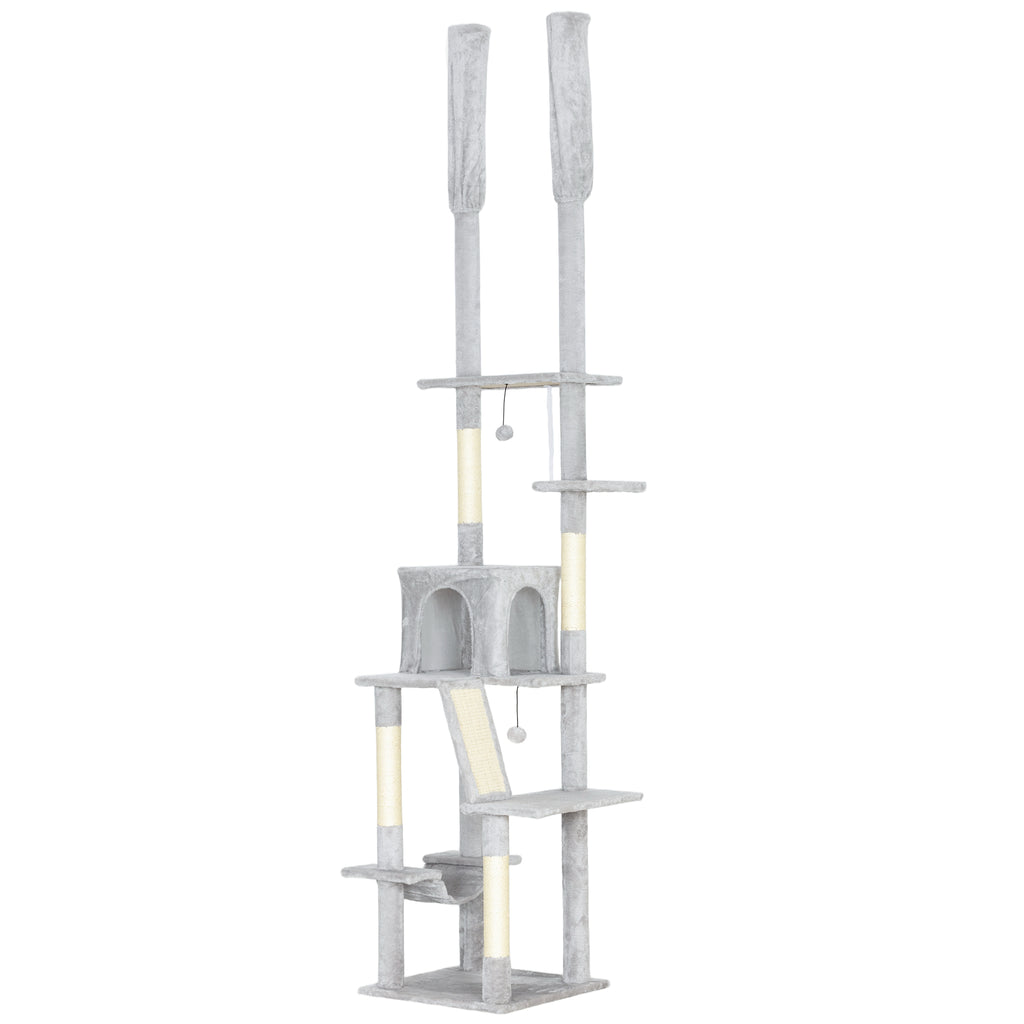 Ceiling Cat Tree with Adjustable Height 225-255 cm with House and Hammock, Light Grey