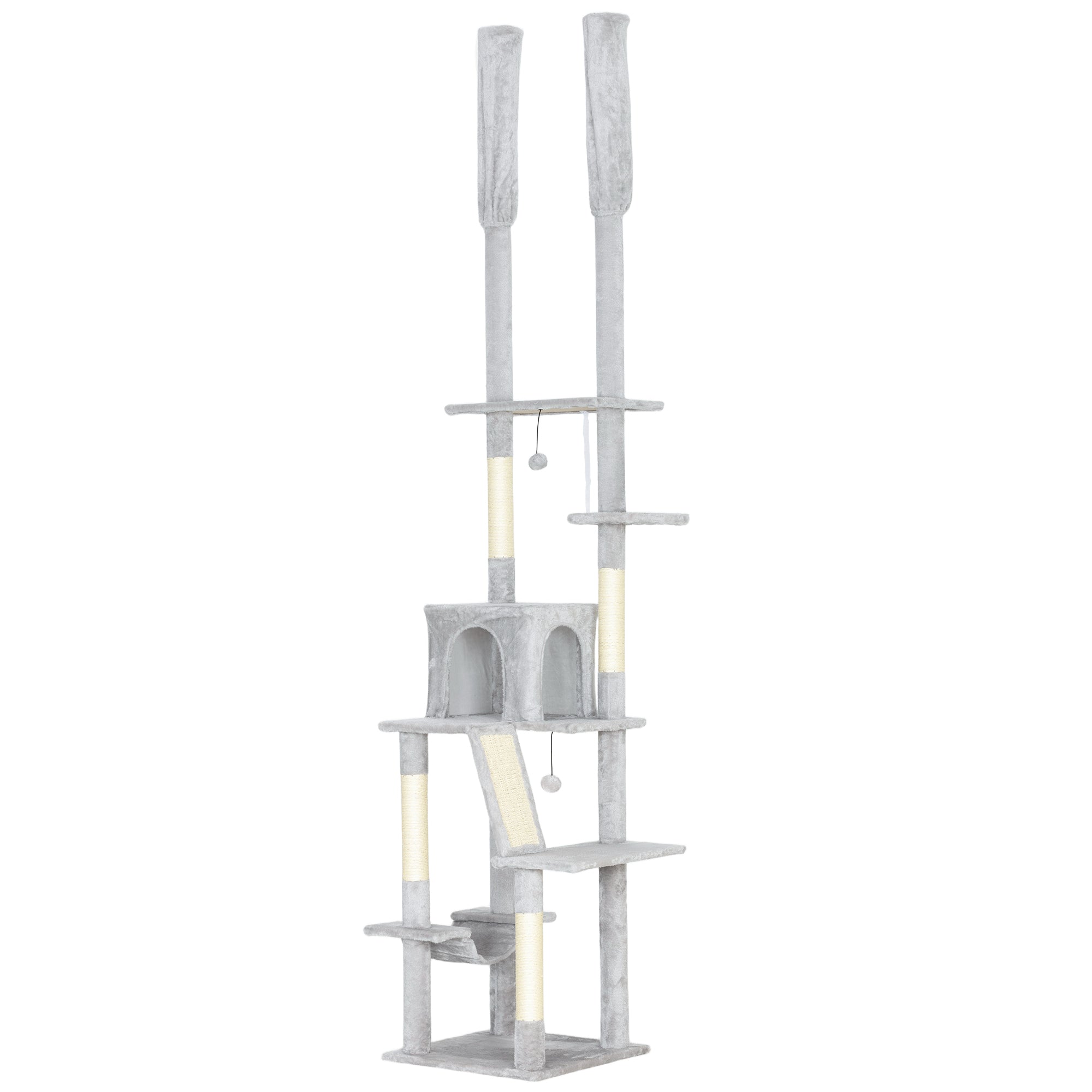 Ceiling Cat Tree with Adjustable Height 225-255 cm with House and Hammock, Light Grey