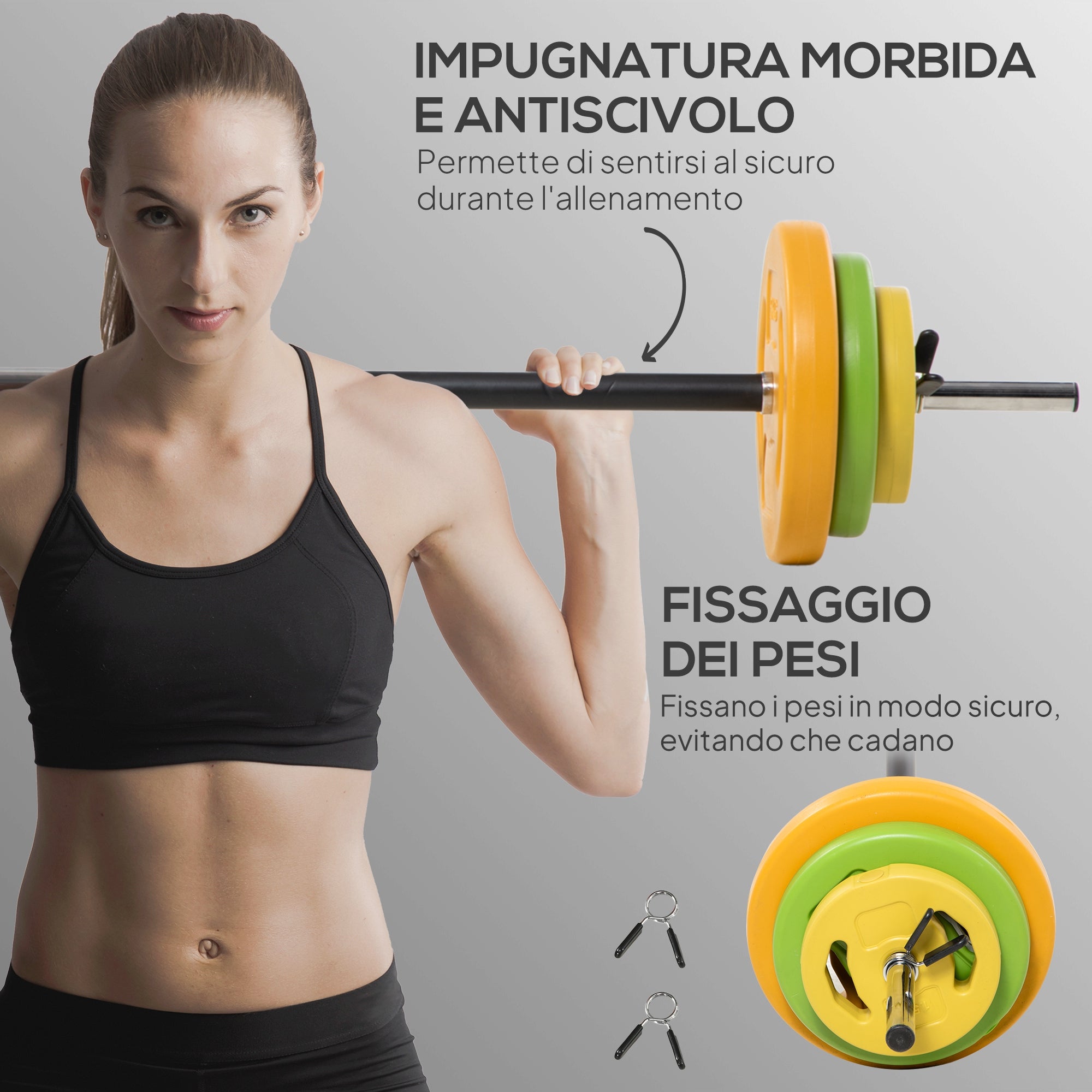 20kg Non-Slip Barbell and Disc Set with 6 Weights and 2 Fixing Clips, Ø28x130 cm, Multicolour