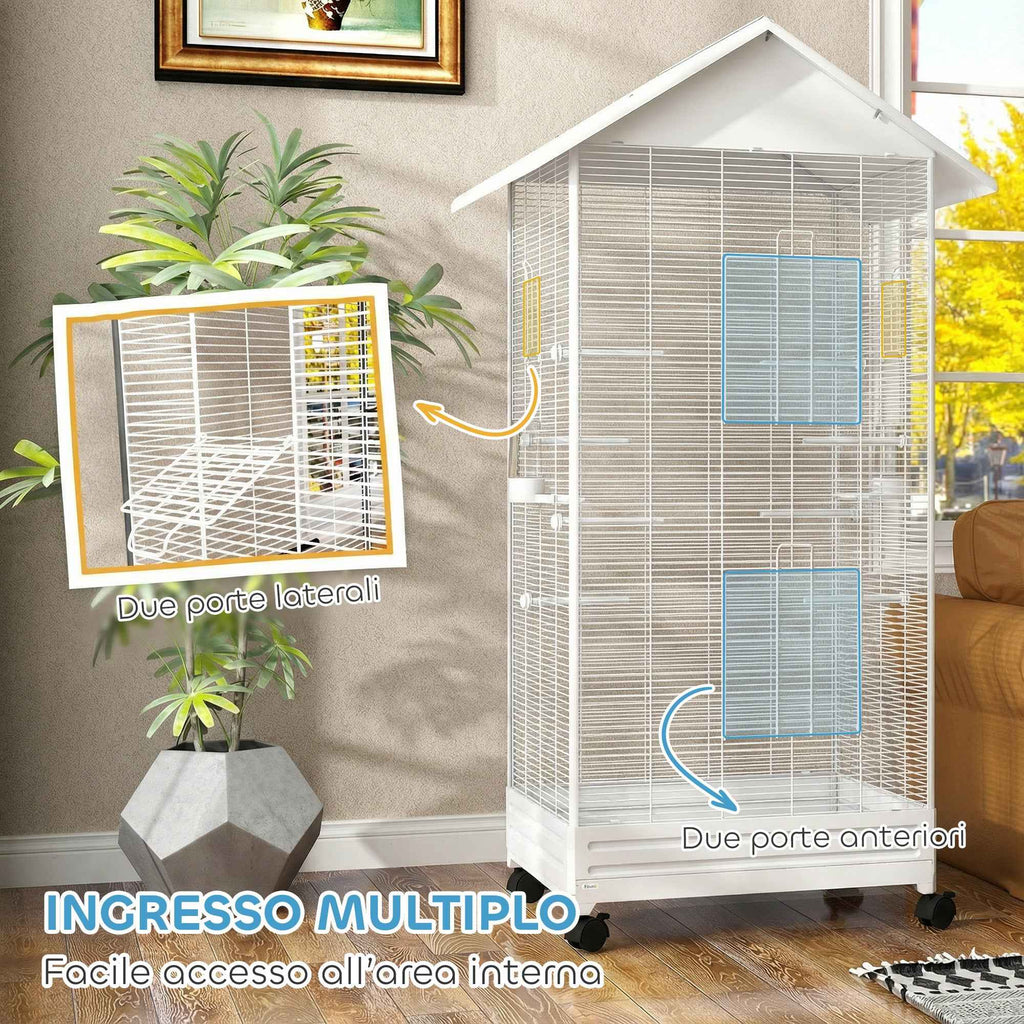 PawHut Wheeled Bird Aviary with Removable Tray, Perches and Feeders, Steel, 79x65x155 cm, White