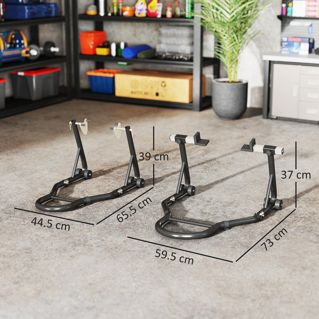 Set of 2 Adjustable Steel Triangle Motorcycle Stands with Wheels and U and L Forks, Black