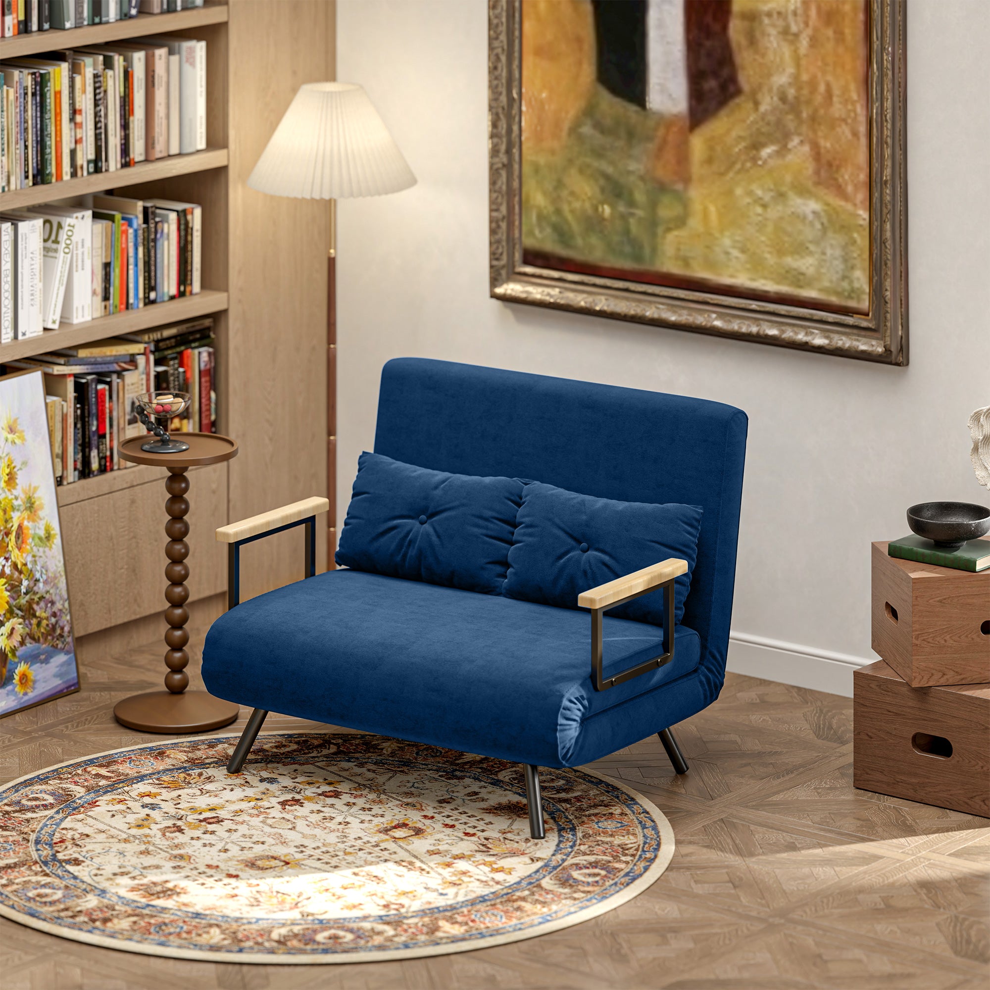 3 in 1 Velvet Fabric Sofa Bed with Adjustable Backrest and 2 Cushions, 102x73x81 cm, Blue