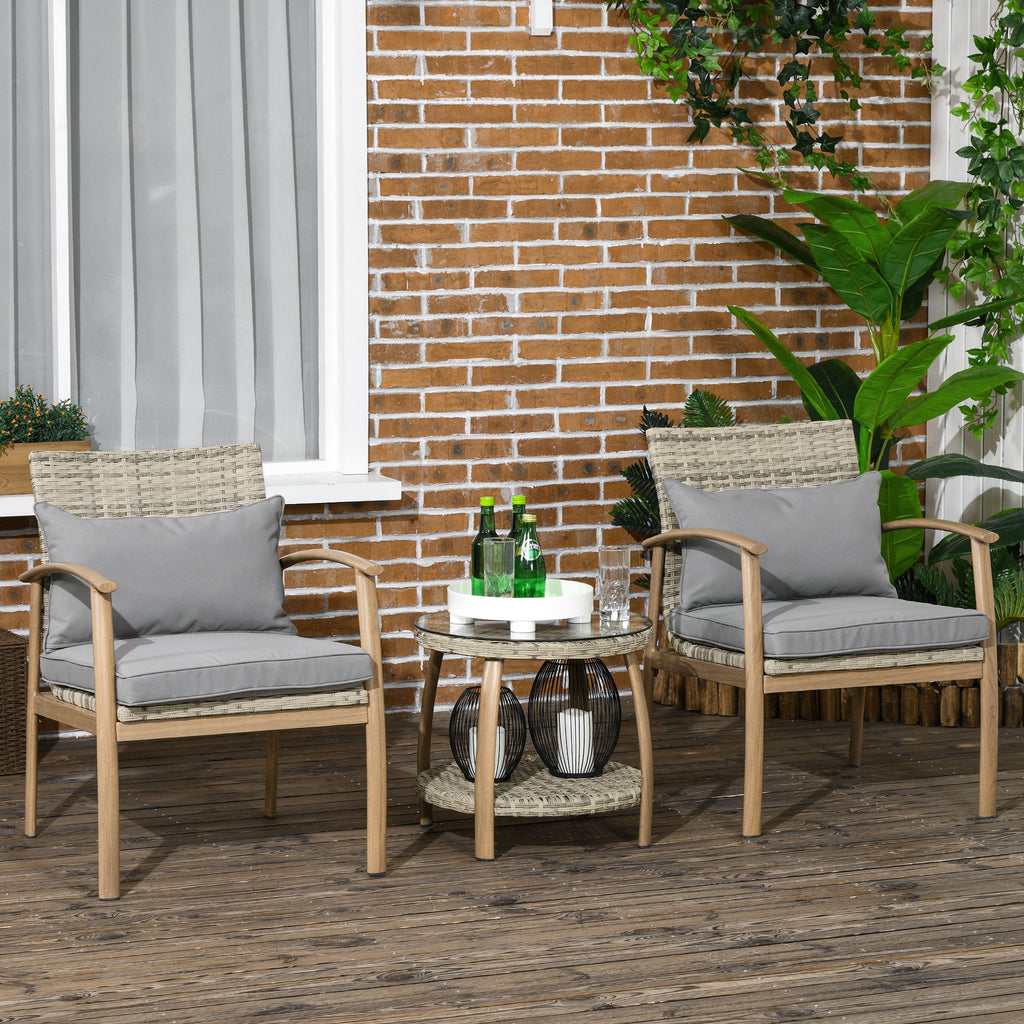 Outsunny Rattan Garden Lounge with 2 Armchairs with Cushions and Glass Table, Brown and Gray - Borgè