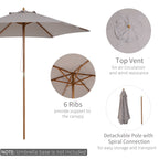 Garden Umbrella with 6 Ribs in Wood and Polyester Fabric, 2.5x2.3m, Gray - Borgè