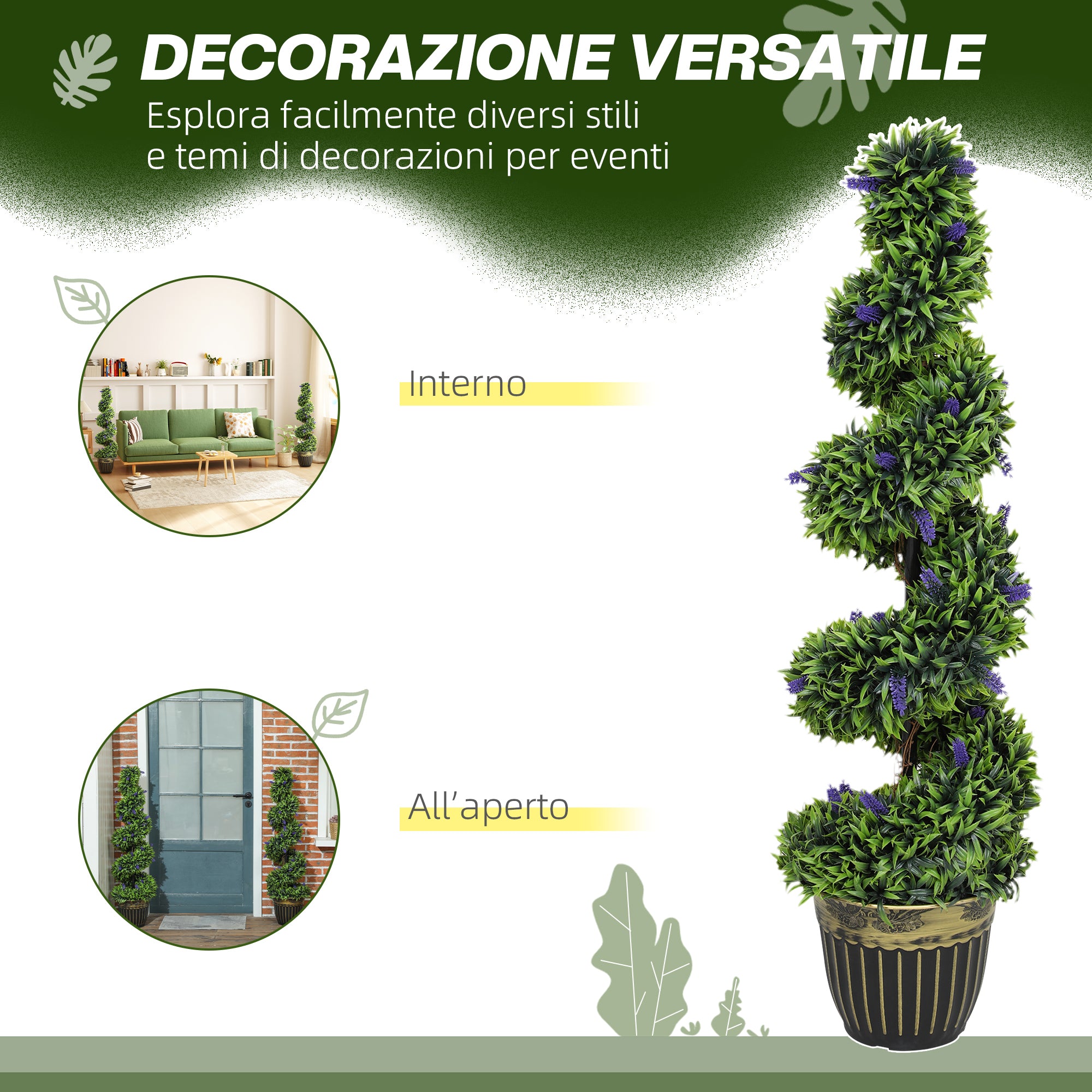 HOMCOM Set of 2 Artificial Boxwood Spiral Plants with UV Protection and Lavender, 115cm, Green and Blue