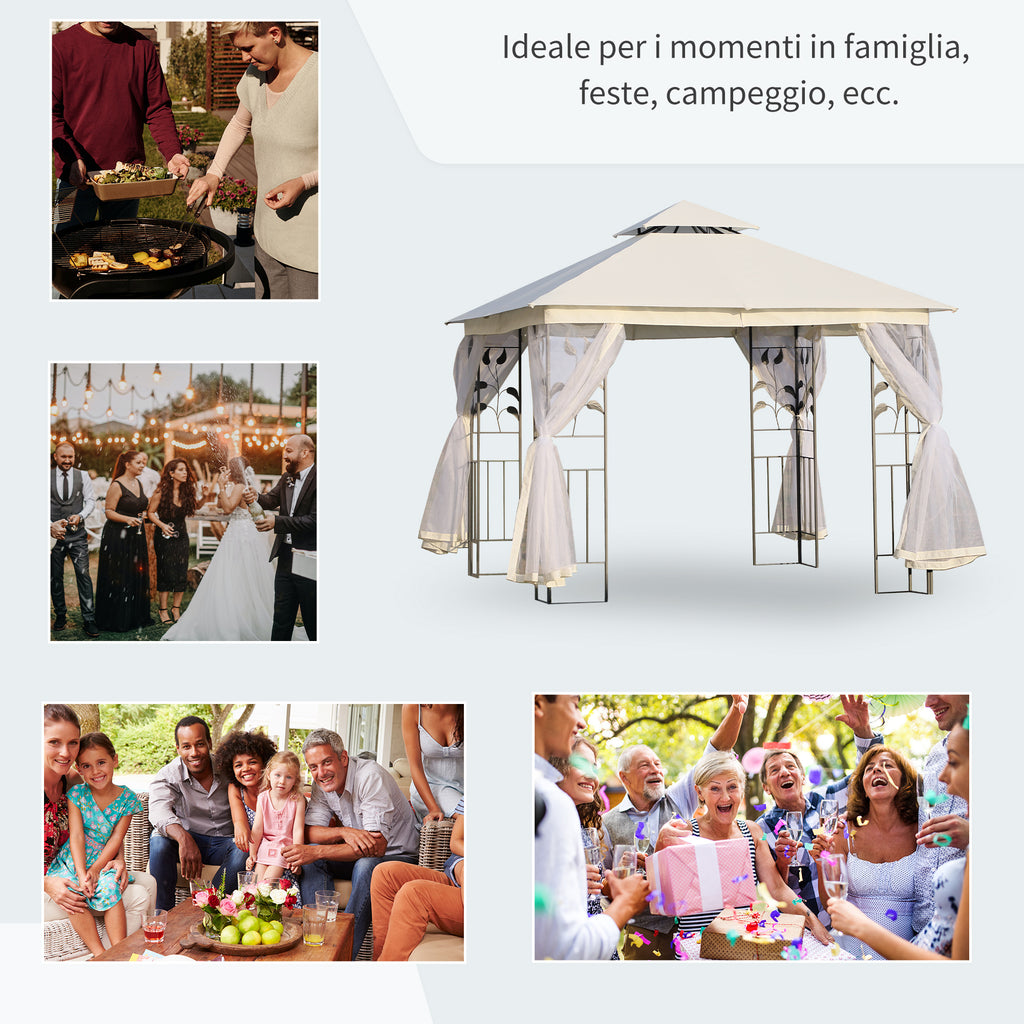 3x3m Garden Gazebo with Mosquito Net, Steel Frame and Double Canopy, White