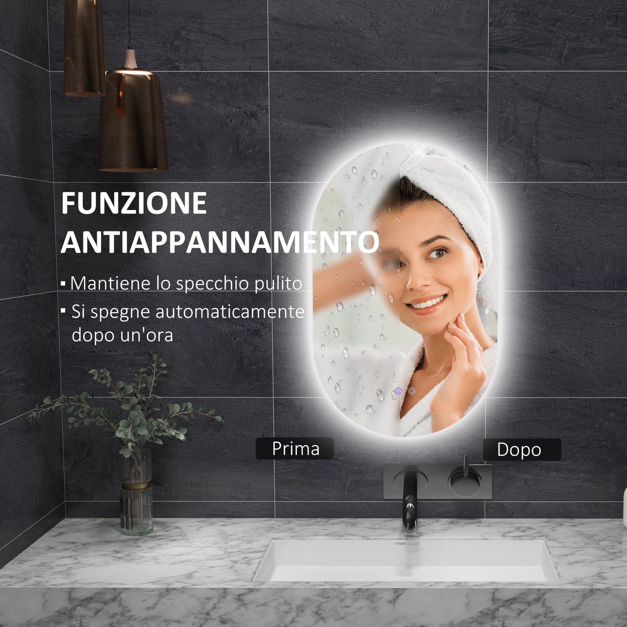 Anti-Fog LED Bathroom Mirror with Adjustable Brightness, Glass and Aluminum, 81x51x4.5 cm