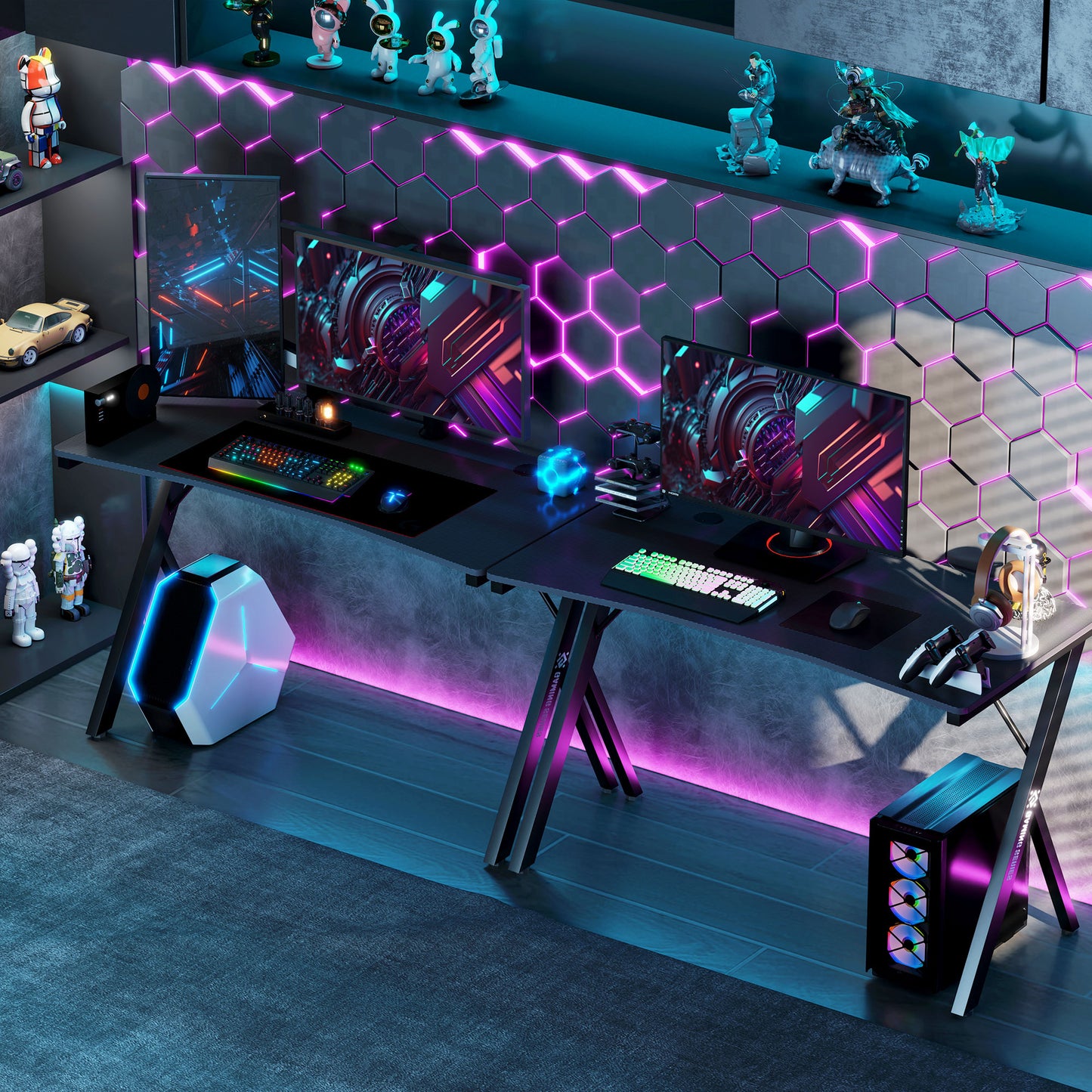 Gaming Desk with Adjustable RGB LED Lights and K-Shaped Legs, Made of Wood and Steel, 120x60x75 cm, Black