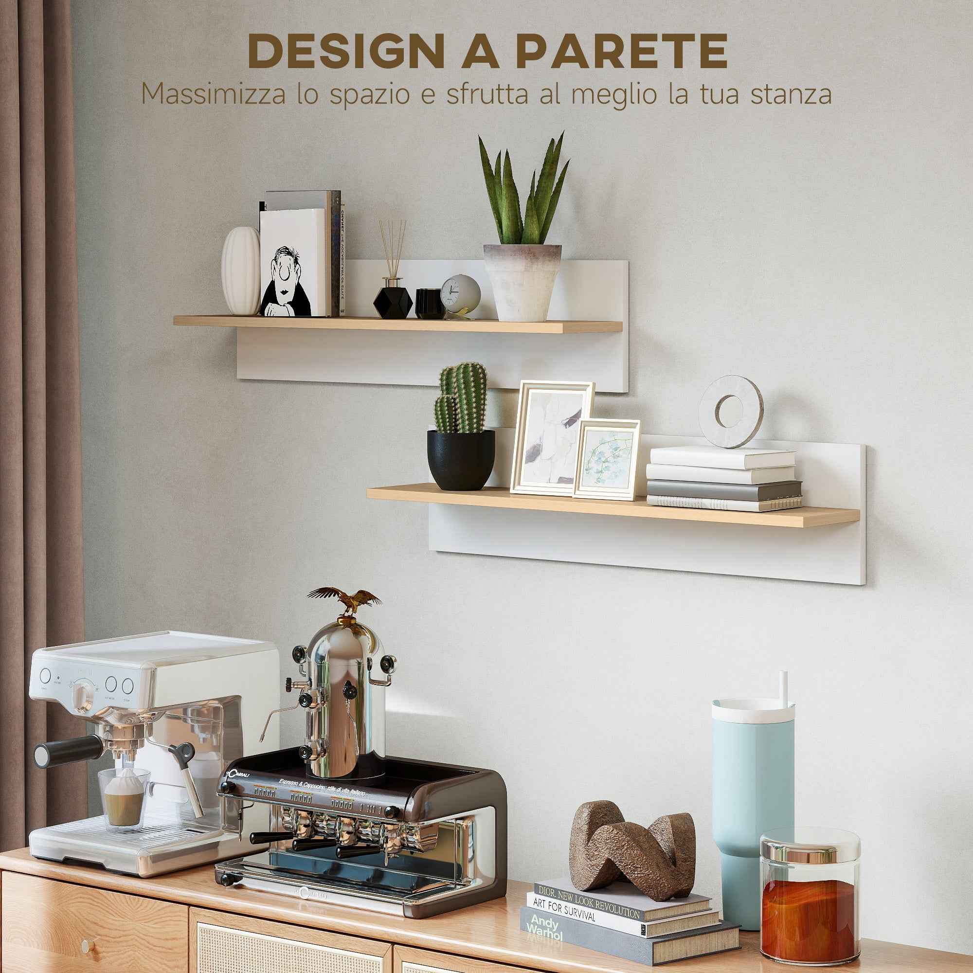 HOMCOM Set of 2 Wooden Wall Shelves for Home and Office, 80x16.5x20 cm, White and Wood Color