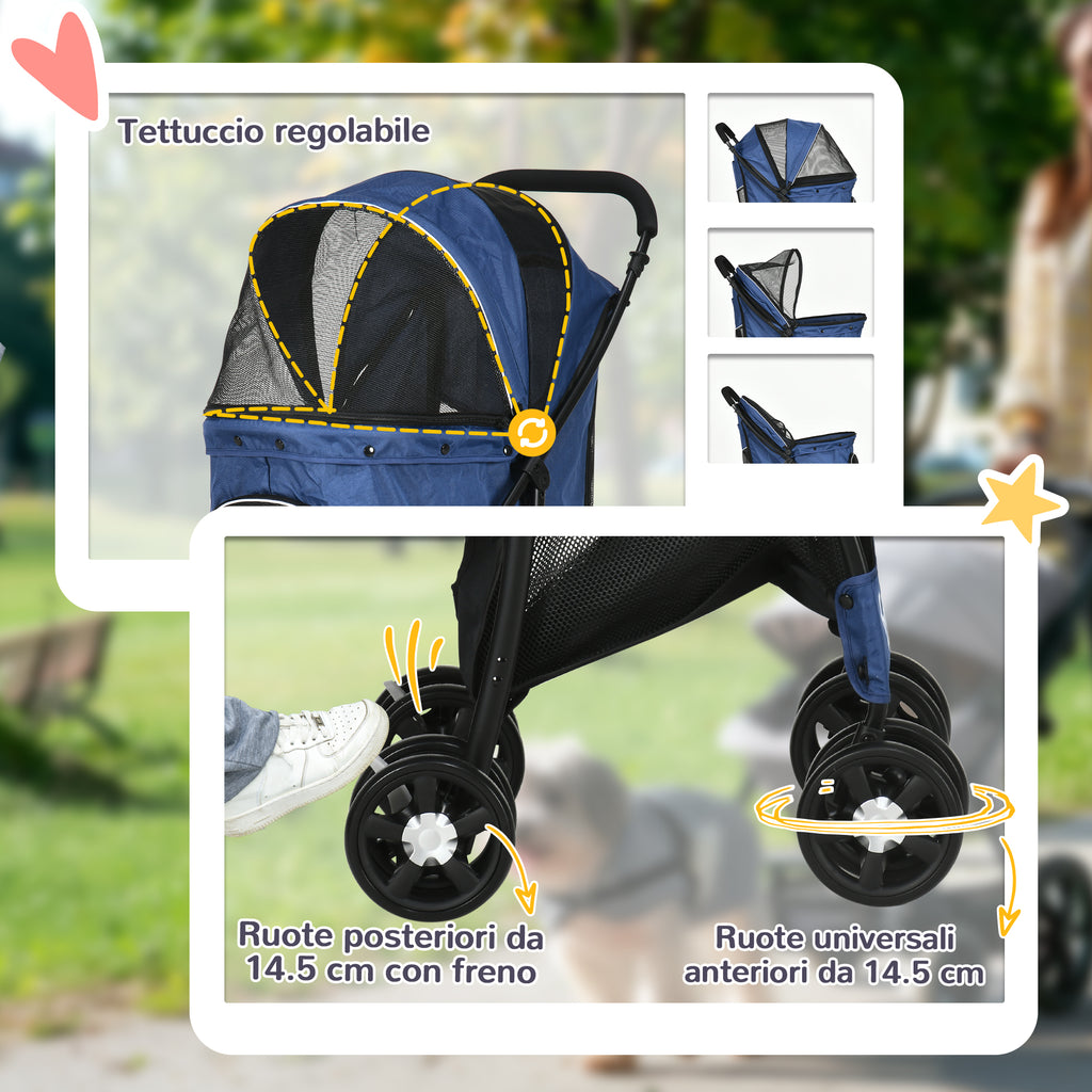 Dog Stroller with Basket, Cushion and 2 Leashes, in Steel and Oxford Fabric, 81x48x99 cm, Black and Dark Blue