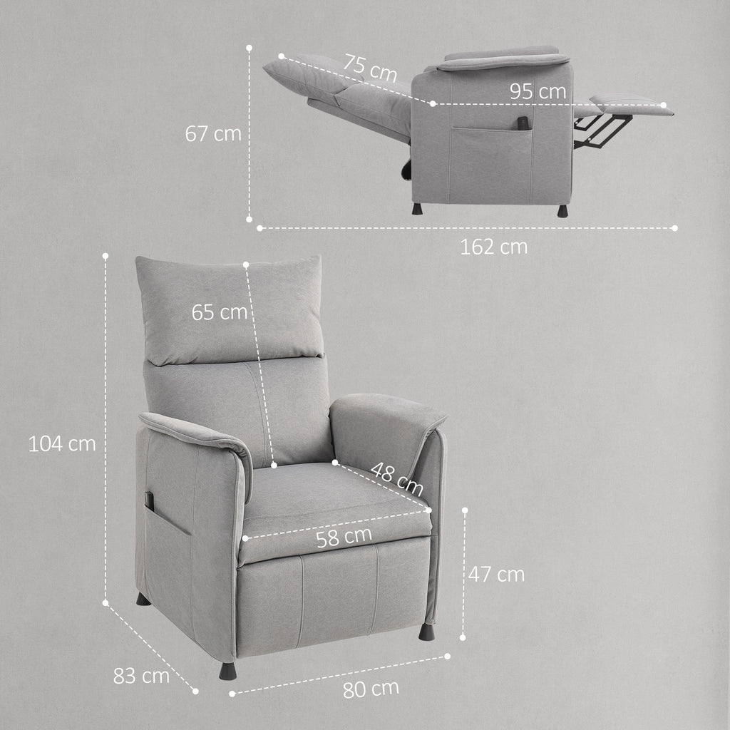 Electric Recliner Chair with Remote Control and Footrest, in Velvet Effect Fabric, 80x83x104 cm, Grey