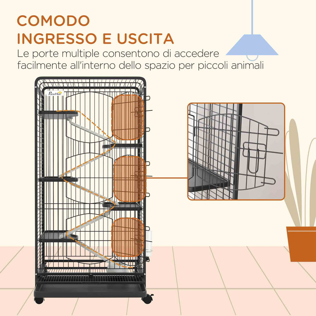 Small Animal Cage with Wheels, 5 Ramps and 5 Platforms, Bowl and Bottle, 61.5x44x131 cm, Black