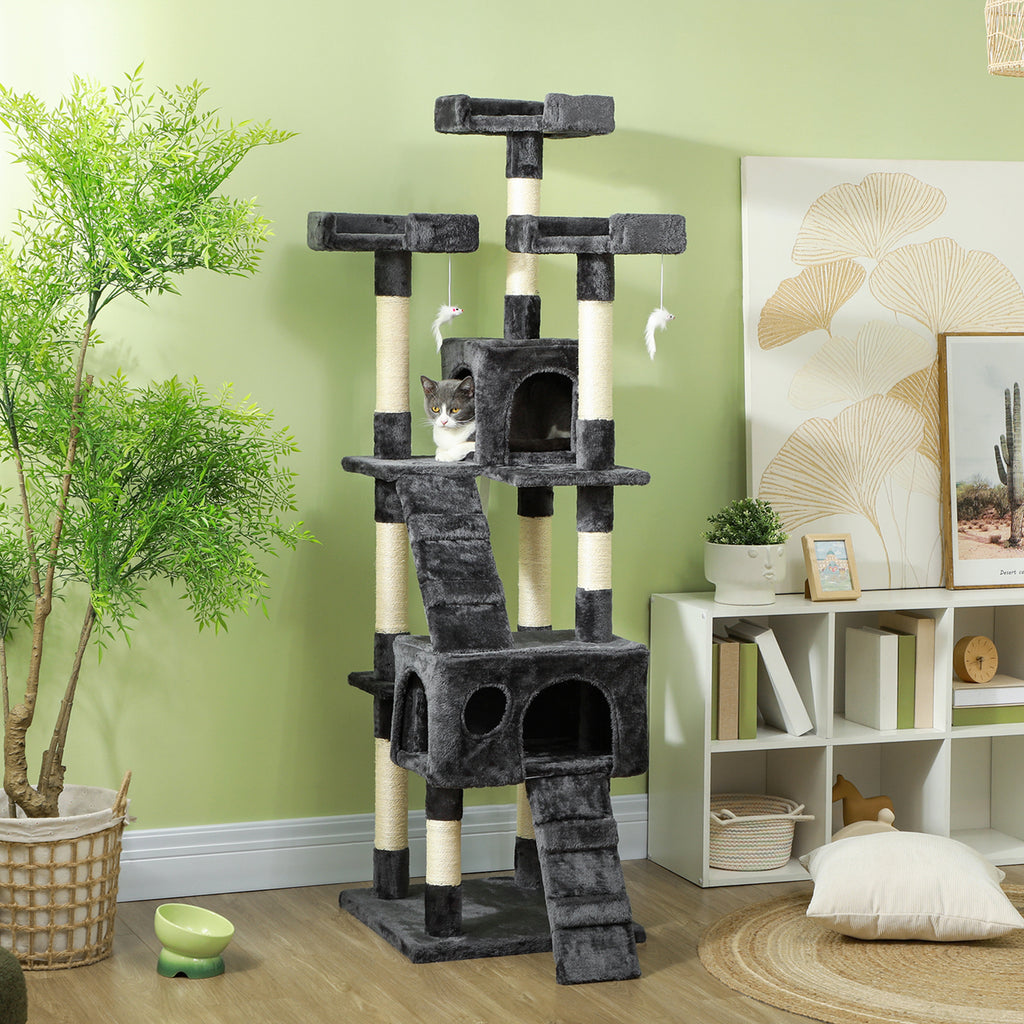 Cat Scratching Tree with 3 Perches, 2 Houses and Hanging Toys, Made of Wood and Plush, 49x49x173 cm, Grey
