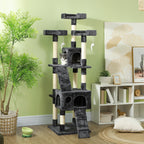 Cat Scratching Tree with 3 Perches, 2 Houses and Hanging Toys, Made of Wood and Plush, 49x49x173 cm, Grey