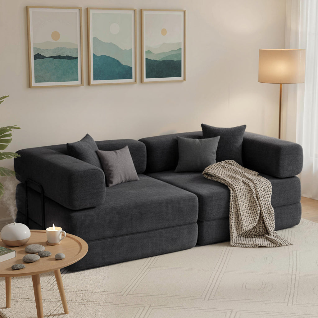 HOMCOM 2-Seater Folding Chenille Sofa Bed with 2 Cushions, Wide Armrests, No Assembly, Dark Grey
