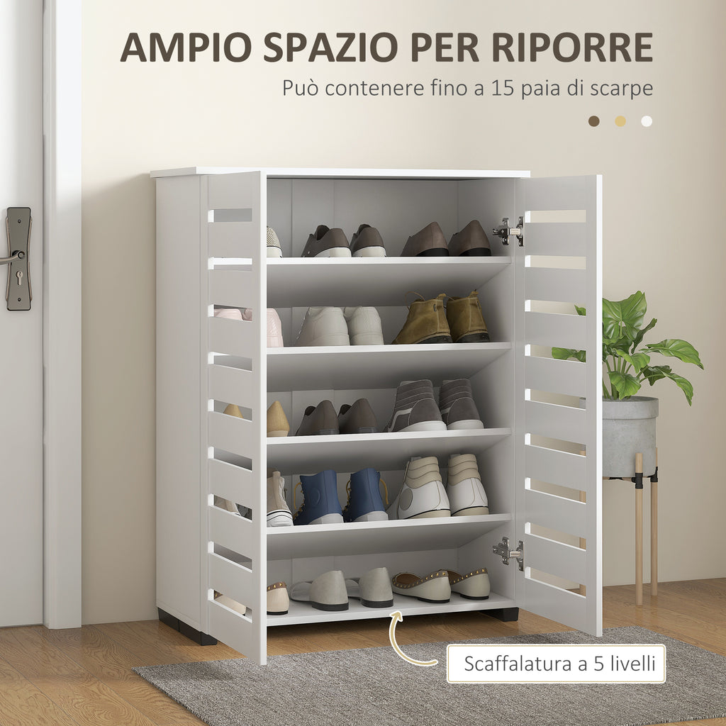 5-Tier Shoe Rack with 4 Adjustable Shelves and Slatted Doors, Wooden, 76x33Dx98 cm, White